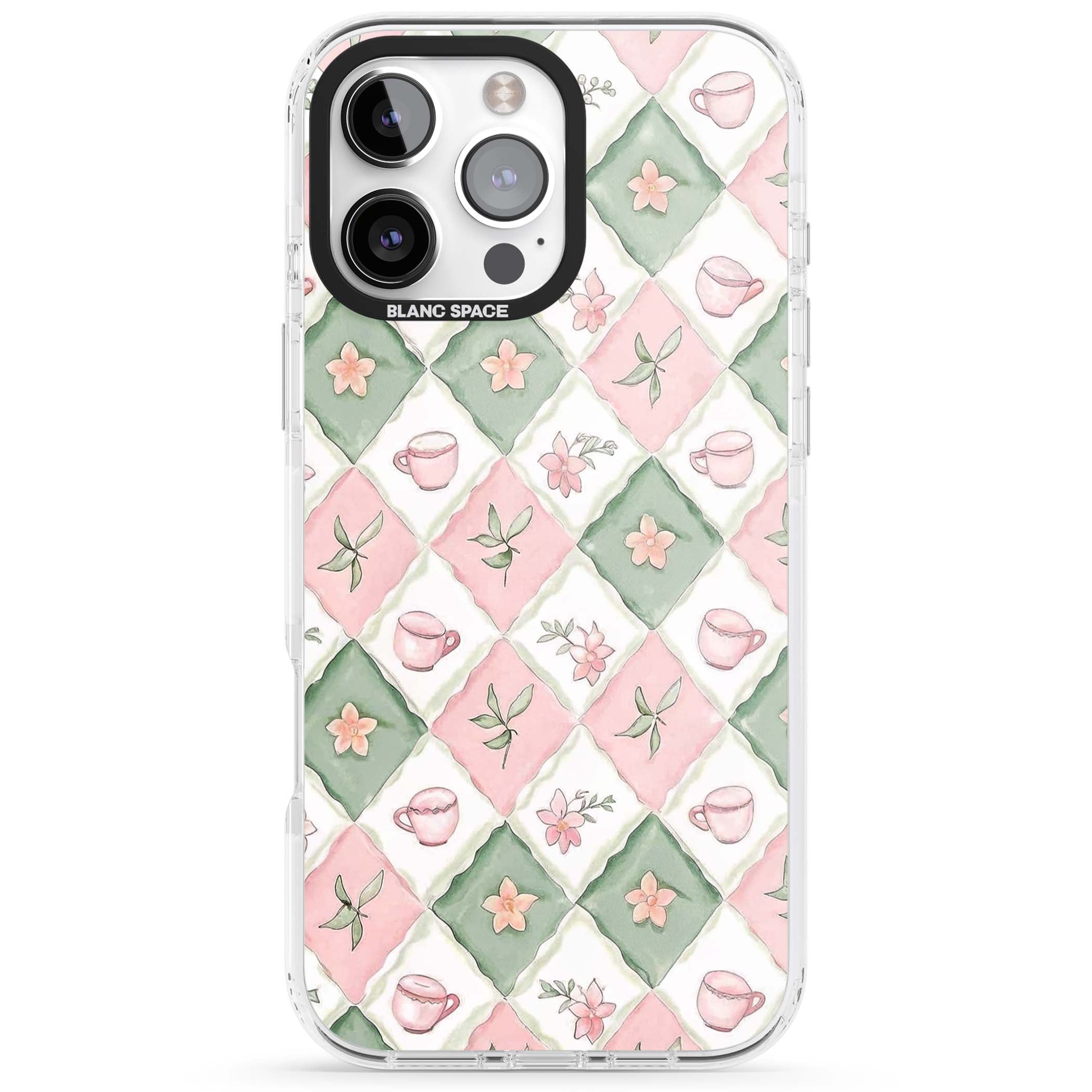 Garden Tea Party coquette iPhone case with pink and green checkered pattern, watercolour teacups and wildflowers | Impact Magsafe case for iPhone 16 Pro, iPhone 16 Pro Max