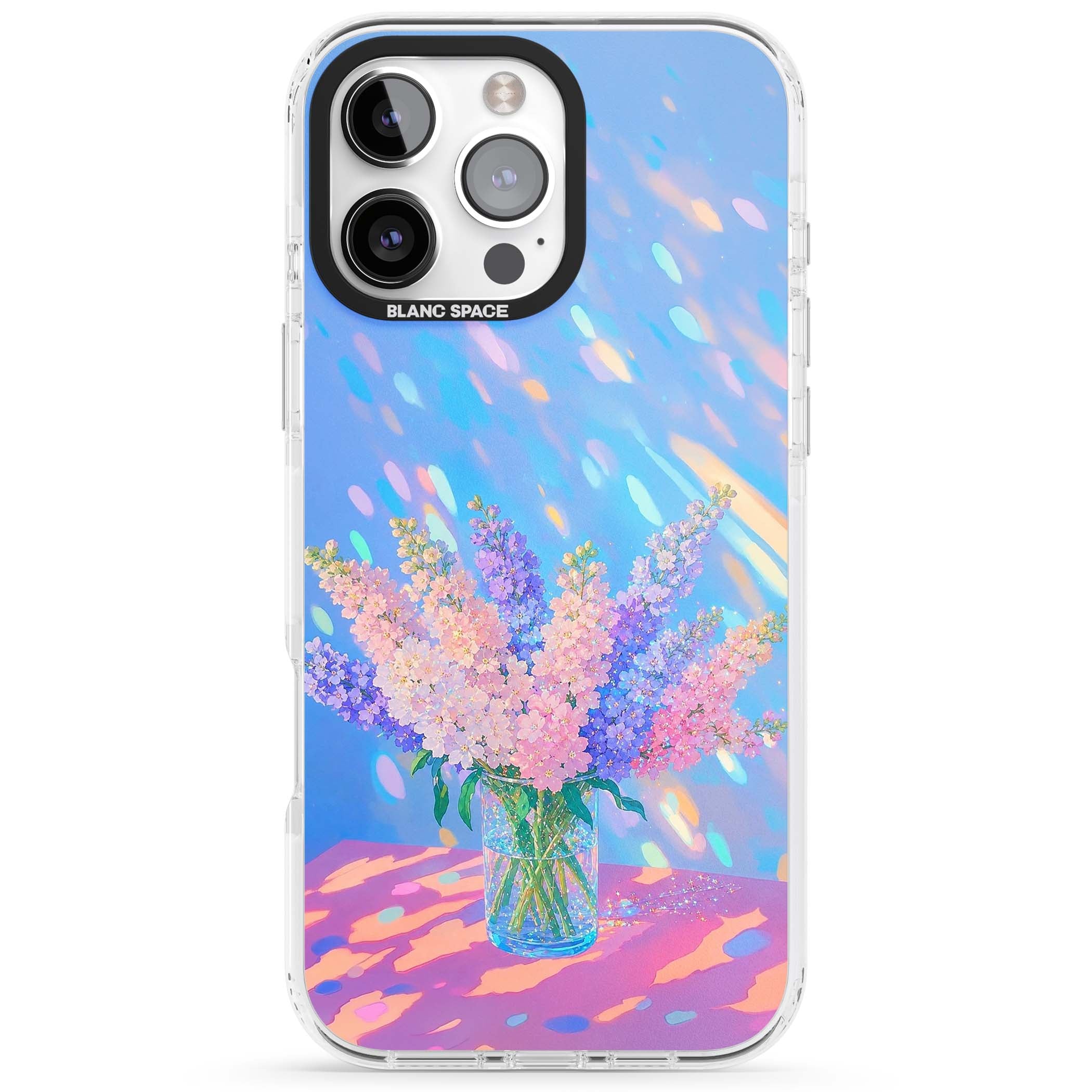 Bubblegum Flowers floral iPhone case featuring pastel lilac and pink bouquet in a glass vase with iridescent light | Impact Magsafe case for iPhone 16 Pro, iPhone 16 Pro Max