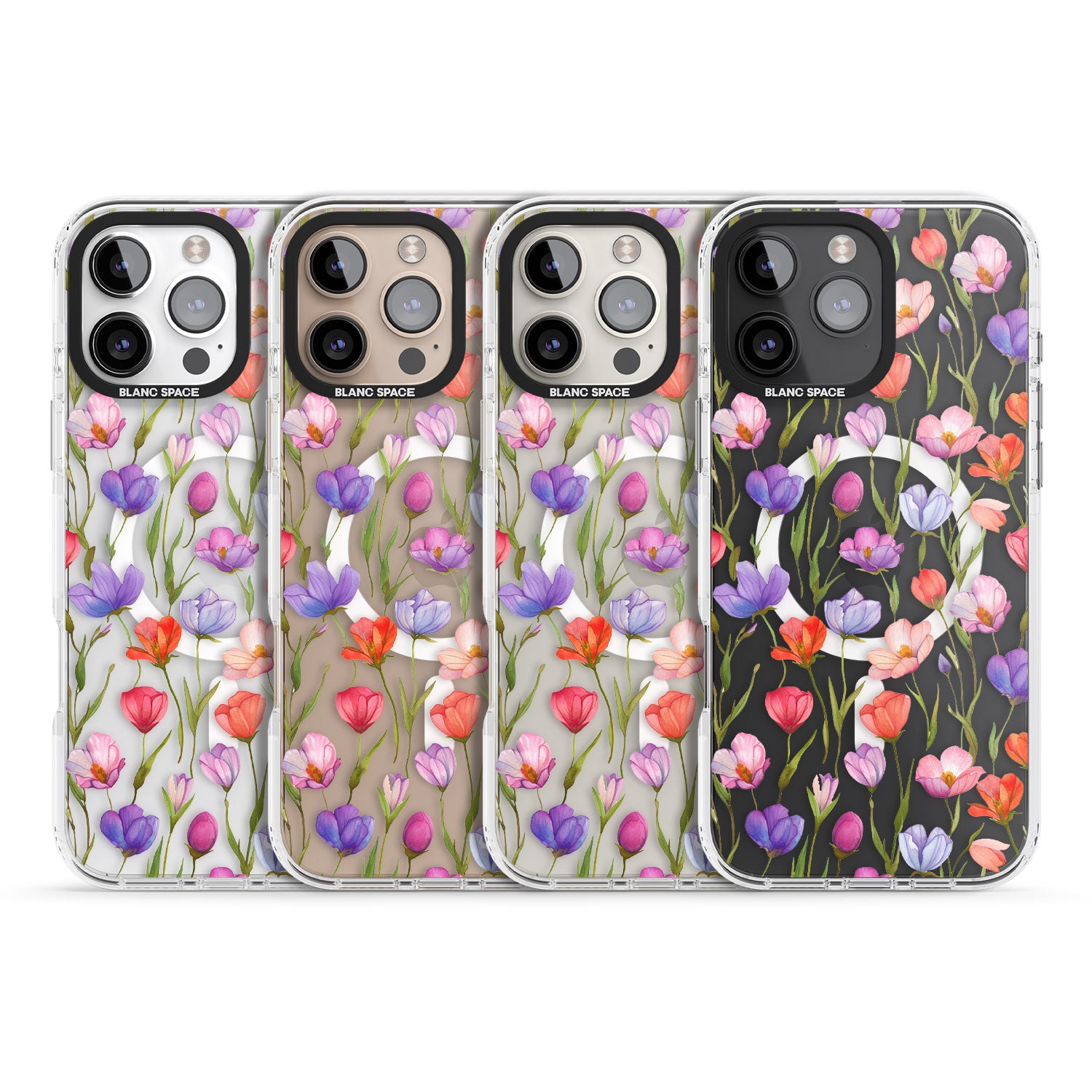 iPhone 16 Pro Max Red, Pink & Purple Flowers Black Impact Phone Case + Magsafe