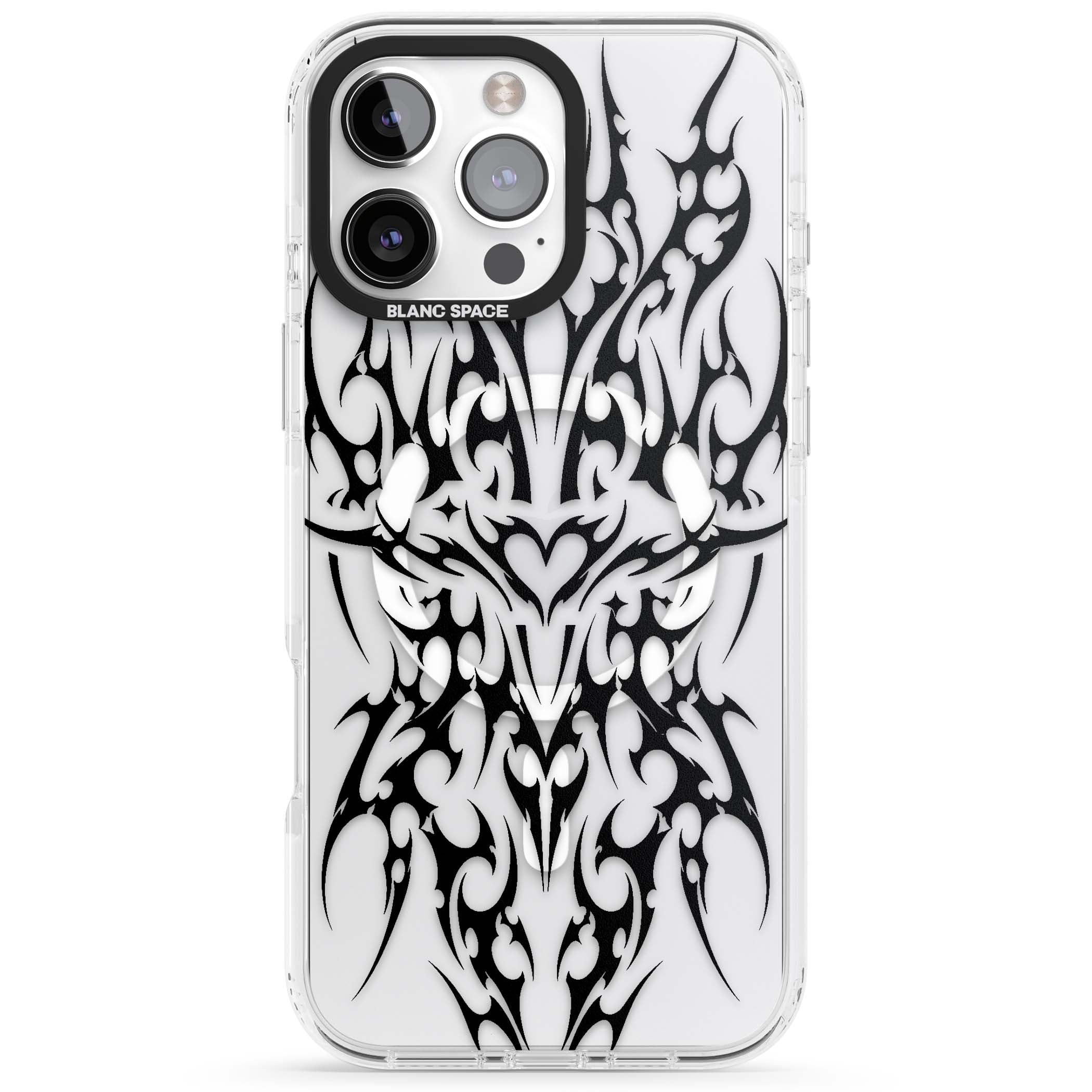Neo Tribal Heart gothic iPhone case featuring symmetrical black tribal tattoo art with sharp thorn-like linework | Impact Magsafe case for iPhone 16 Pro, iPhone 16 Pro Max