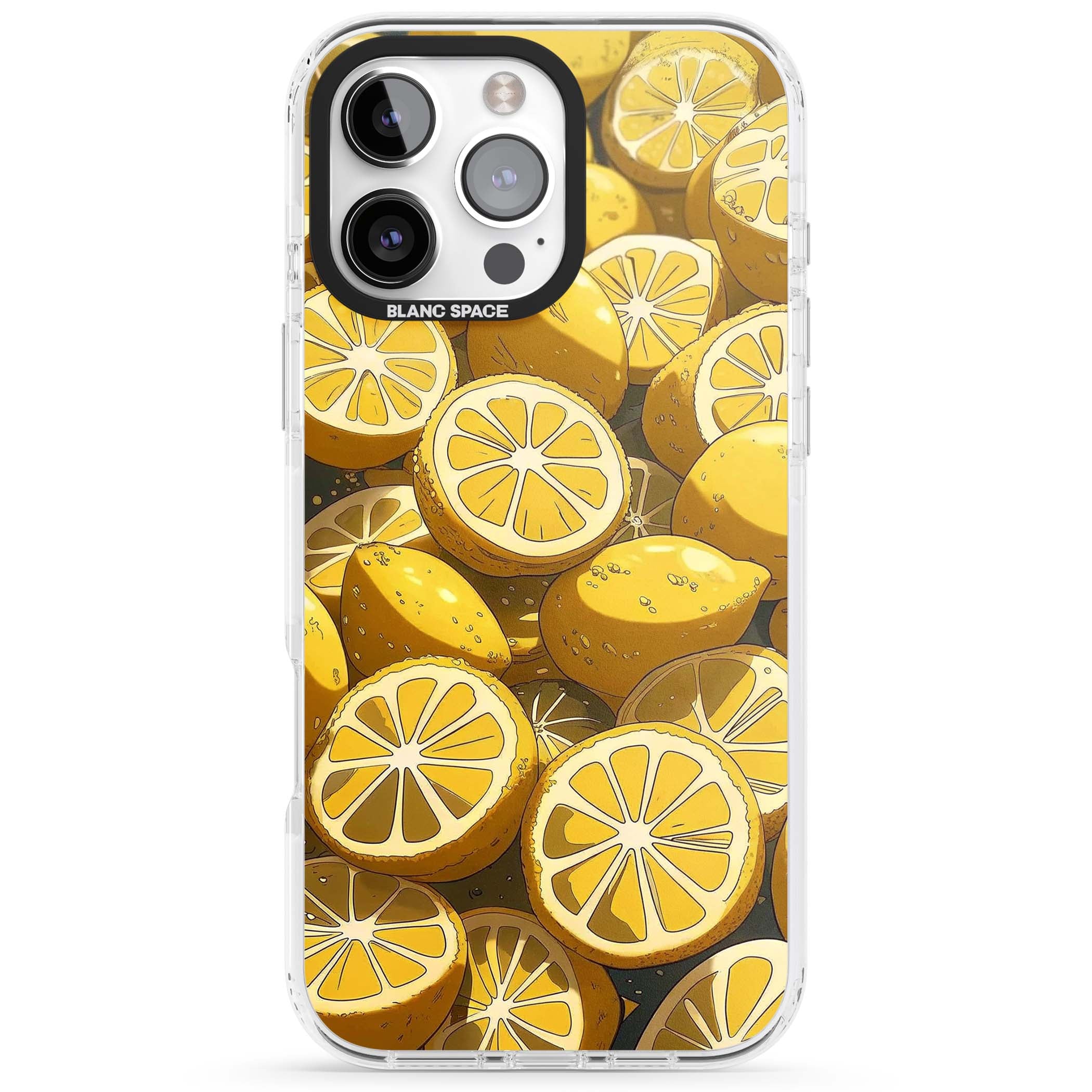 Zesty coastal iPhone case featuring illustrated Mediterranean lemons and citrus slices in golden yellow | Impact Magsafe case for iPhone 16 Pro, iPhone 16 Pro Max