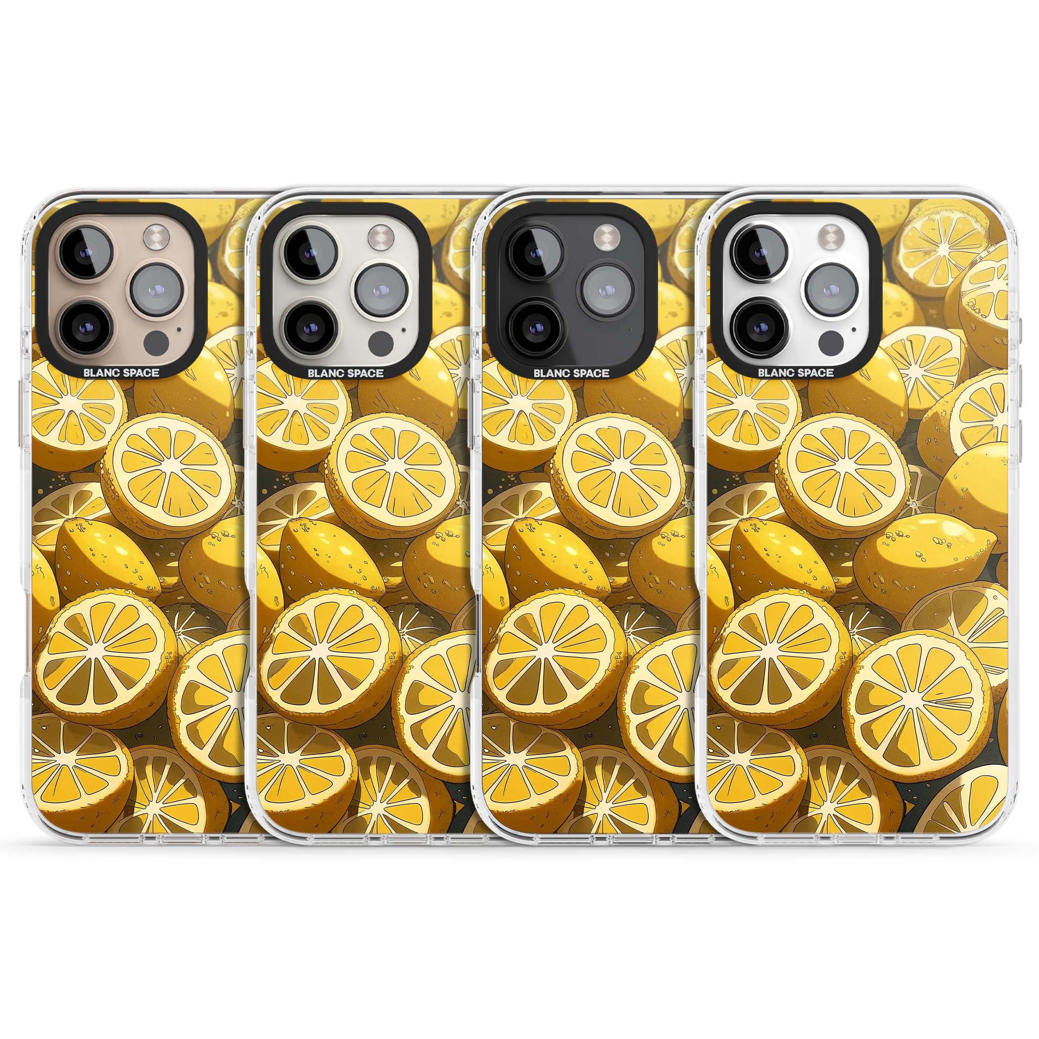 Zesty coastal iPhone case featuring illustrated Mediterranean lemons and citrus slices in golden yellow | Impact Magsafe case for iPhone 16 Pro, iPhone 16 Pro Max