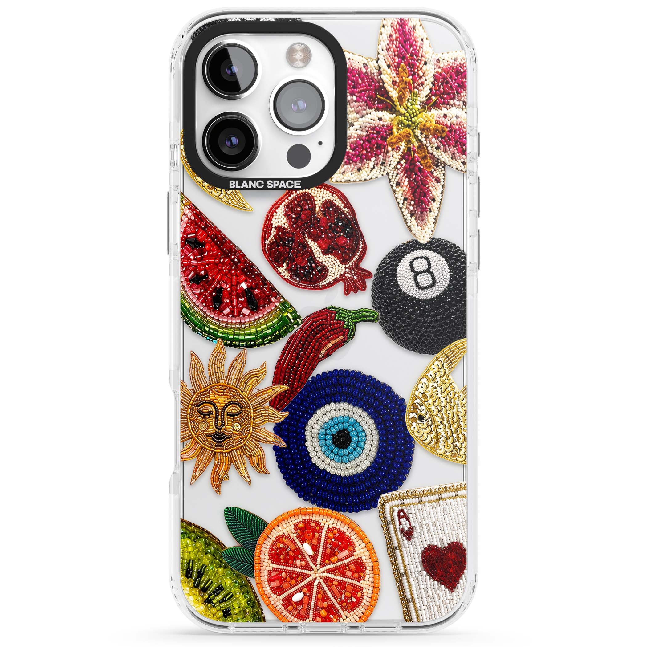 Beaded Charms embroidery iPhone case featuring beaded evil eye, fruit patches and a golden sun motif | Clear Impact case for iPhone 16 Pro, iPhone 16 Pro Max