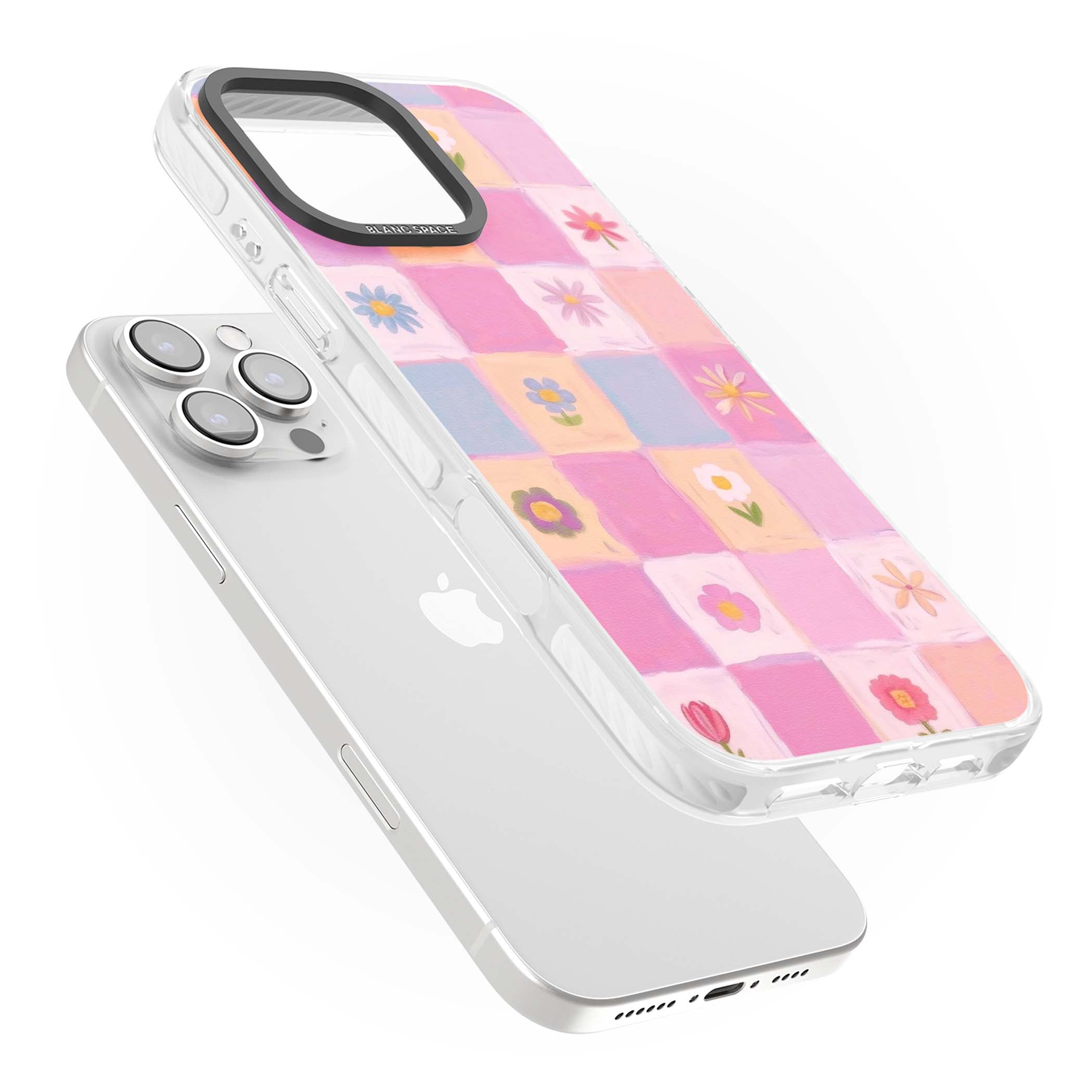 Pastel Flower Patchwork cottagecore iPhone case featuring painted pink and lilac squares with daisies and wildflowers | Clear Impact case for iPhone 16 Pro, iPhone 16 Pro Max