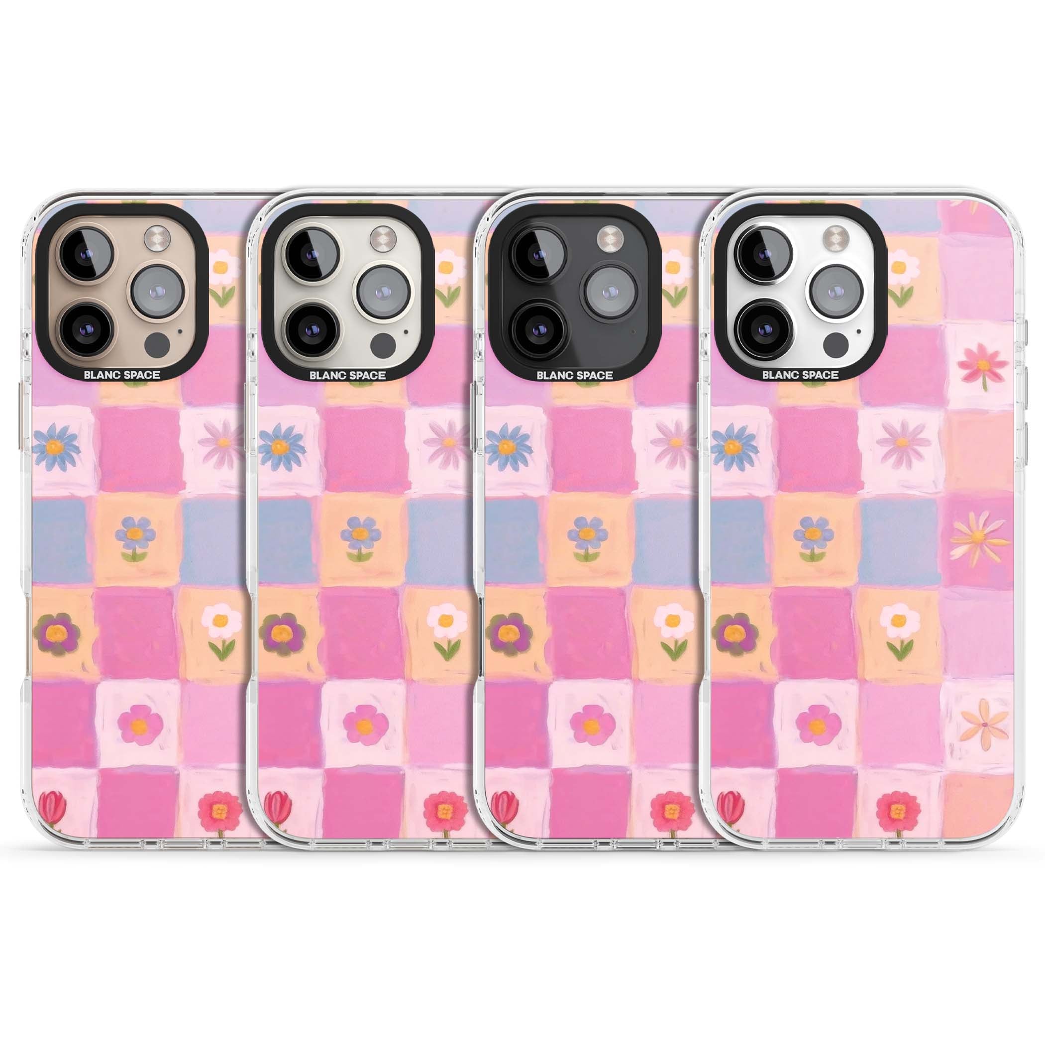 Pastel Flower Patchwork cottagecore iPhone case featuring painted pink and lilac squares with daisies and wildflowers | Clear Impact case for iPhone 16 Pro, iPhone 16 Pro Max