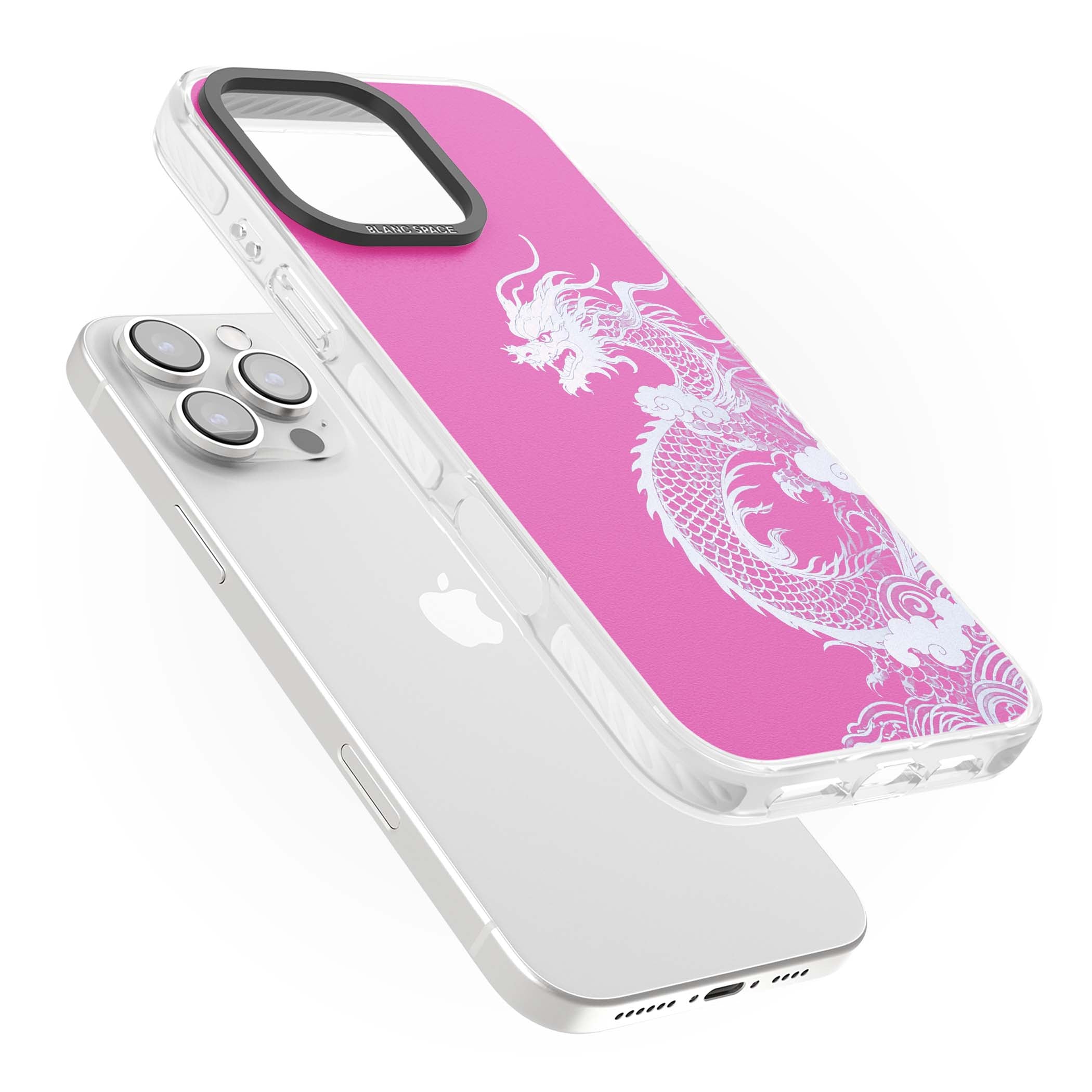 Pink Empress chinese dragon iPhone case featuring a white dragon, swirling clouds and pink dragon wallpaper backdrop | Clear Impact case for iPhone 16 Pro, iPhone 16 Pro Max