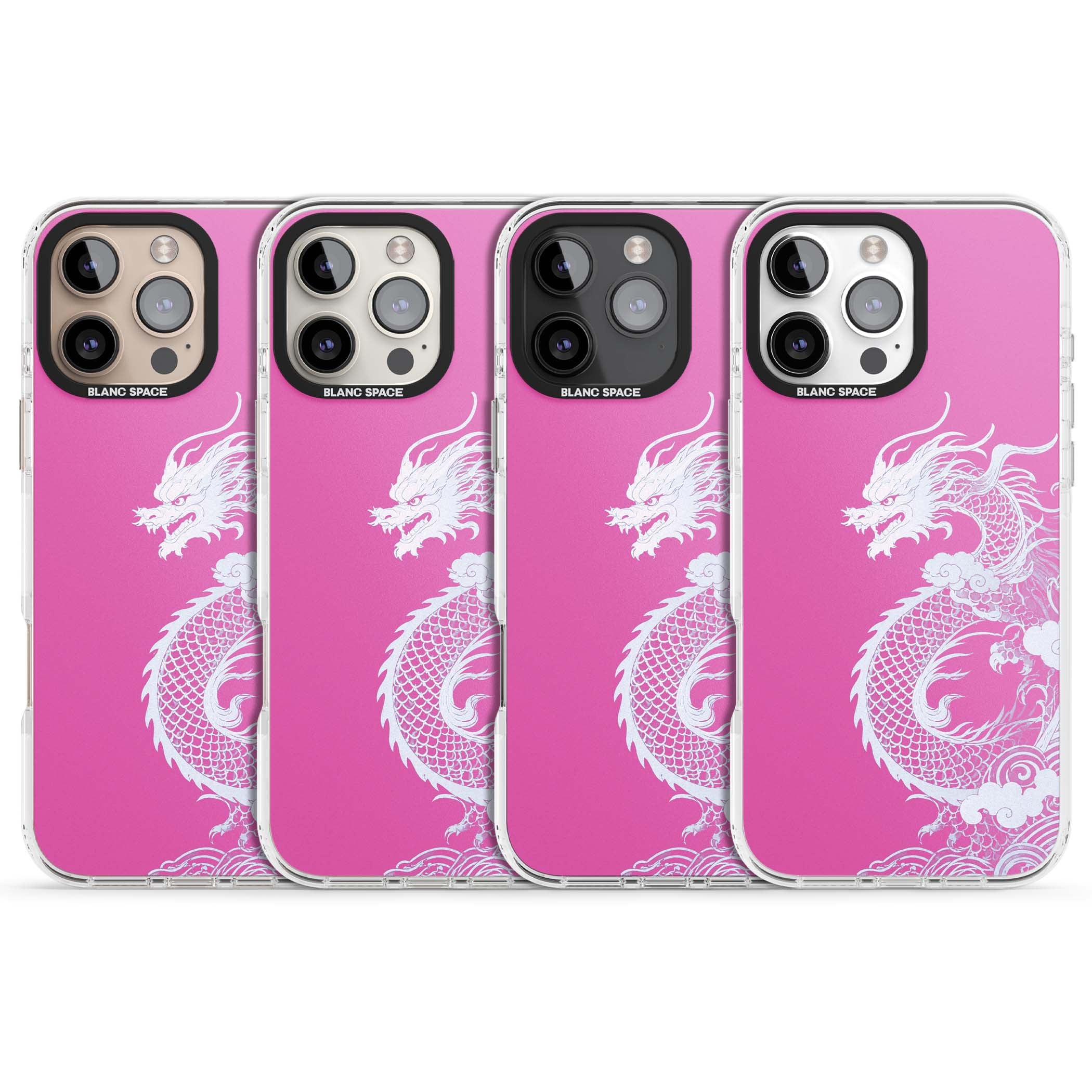 Pink Empress chinese dragon iPhone case featuring a white dragon, swirling clouds and pink dragon wallpaper backdrop | Clear Impact case for iPhone 16 Pro, iPhone 16 Pro Max