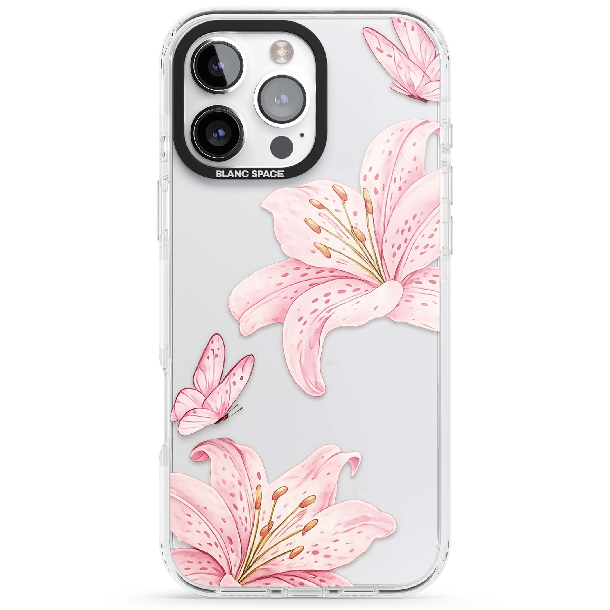 Lily Whisper floral iPhone case featuring pink watercolour lilies and delicate butterflies on a clear background | Clear Impact case for iPhone 16 Pro, iPhone 16 Pro Max
