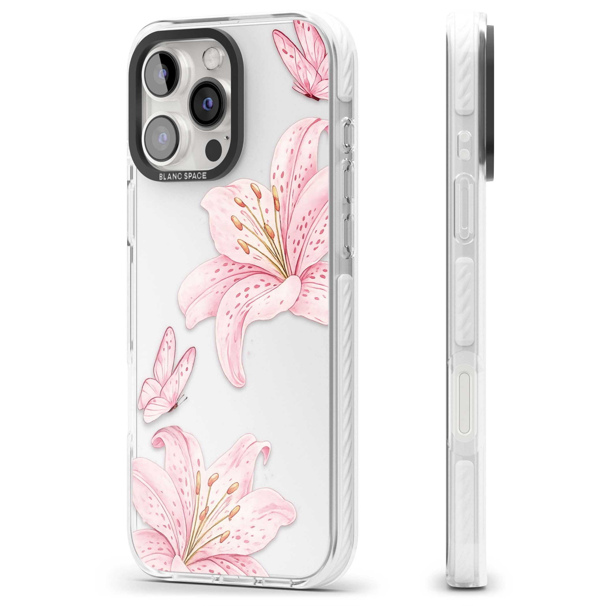 Lily Whisper floral iPhone case featuring pink watercolour lilies and delicate butterflies on a clear background | Clear Impact case for iPhone 16 Pro, iPhone 16 Pro Max