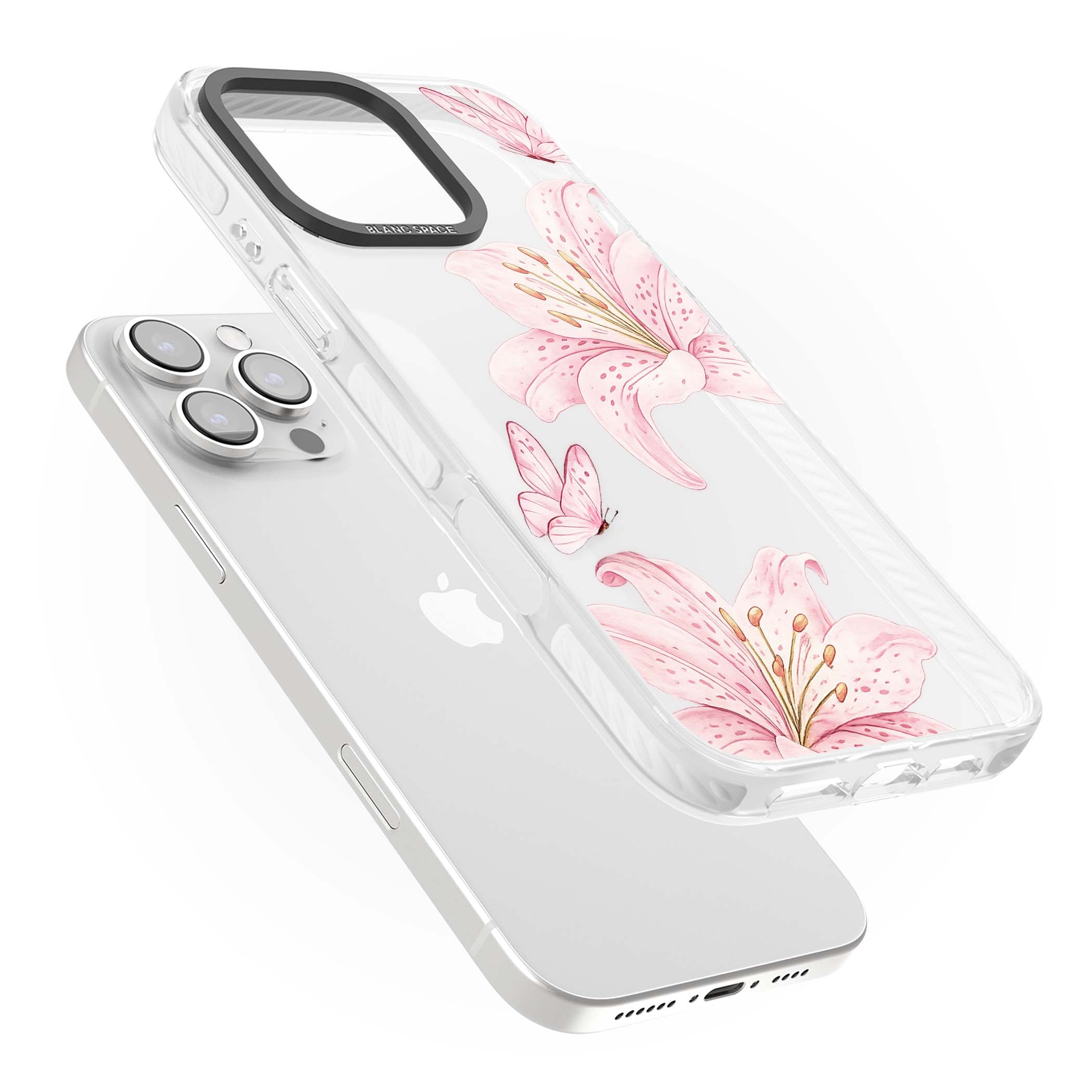 Lily Whisper floral iPhone case featuring pink watercolour lilies and delicate butterflies on a clear background | Clear Impact case for iPhone 16 Pro, iPhone 16 Pro Max