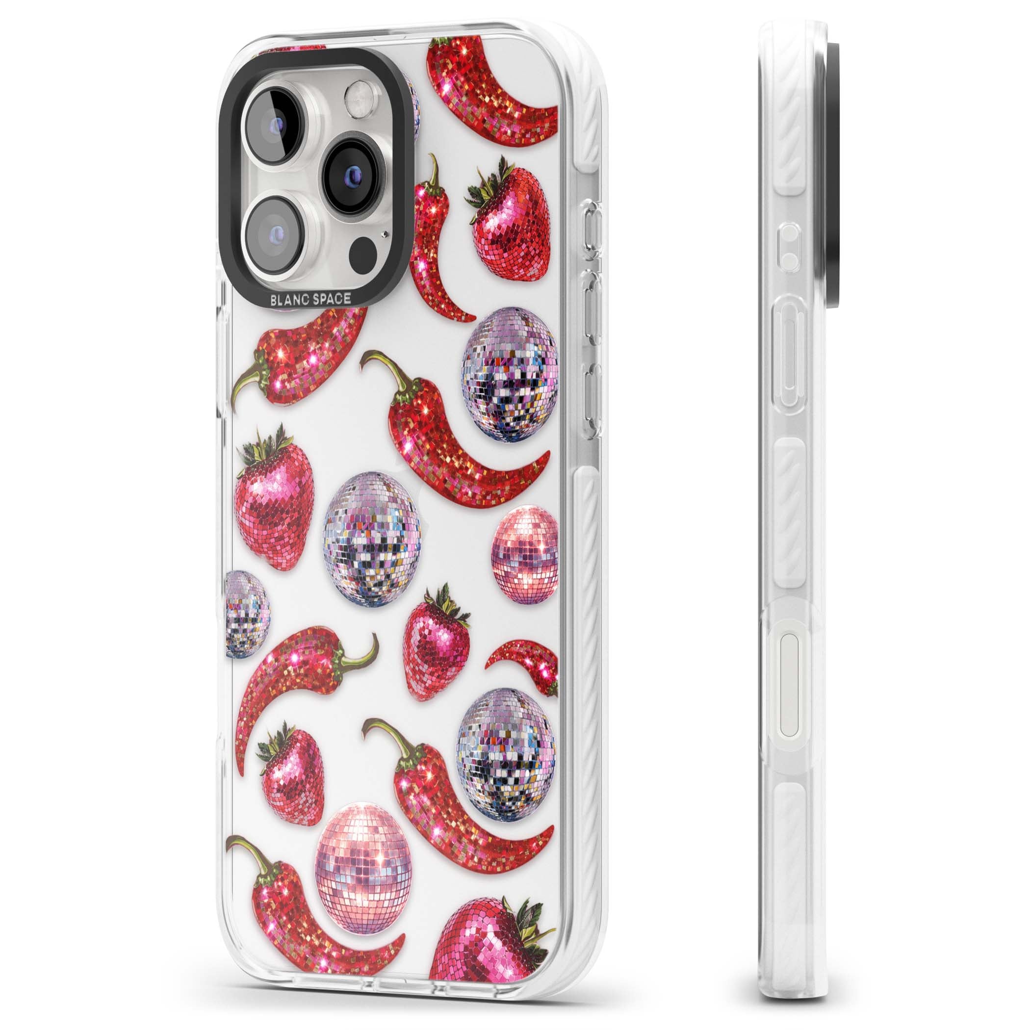 Spicy Disco Y2K iPhone case featuring glitter disco balls, sparkly strawberries and red chilli peppers | Clear Impact case for iPhone 16 Pro, iPhone 16 Pro Max