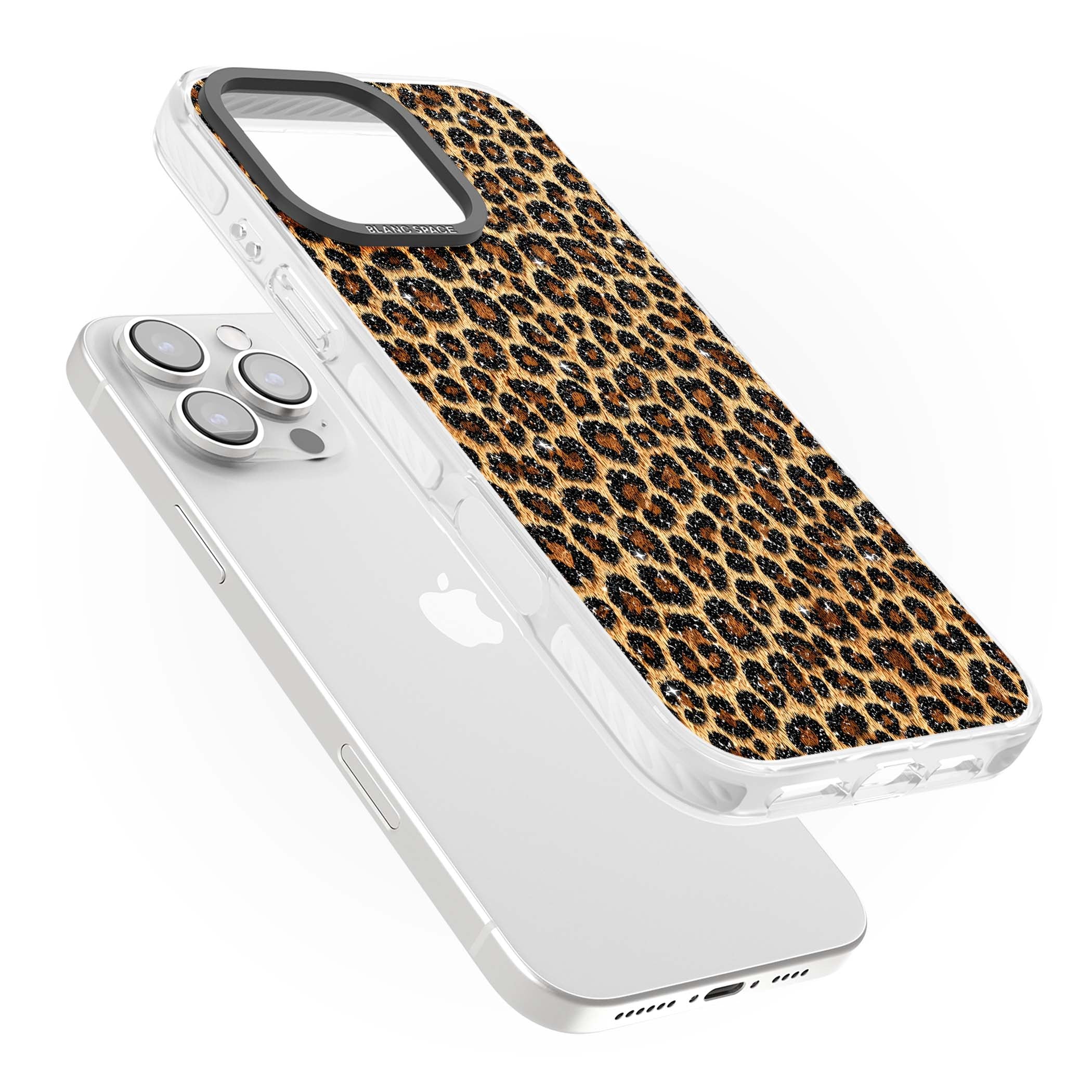 Diamond Leopard leopard print iPhone case featuring golden tan fur, black rosette spots and subtle glitter sparkle | Clear Impact case for iPhone 16 Pro, iPhone 16 Pro Max