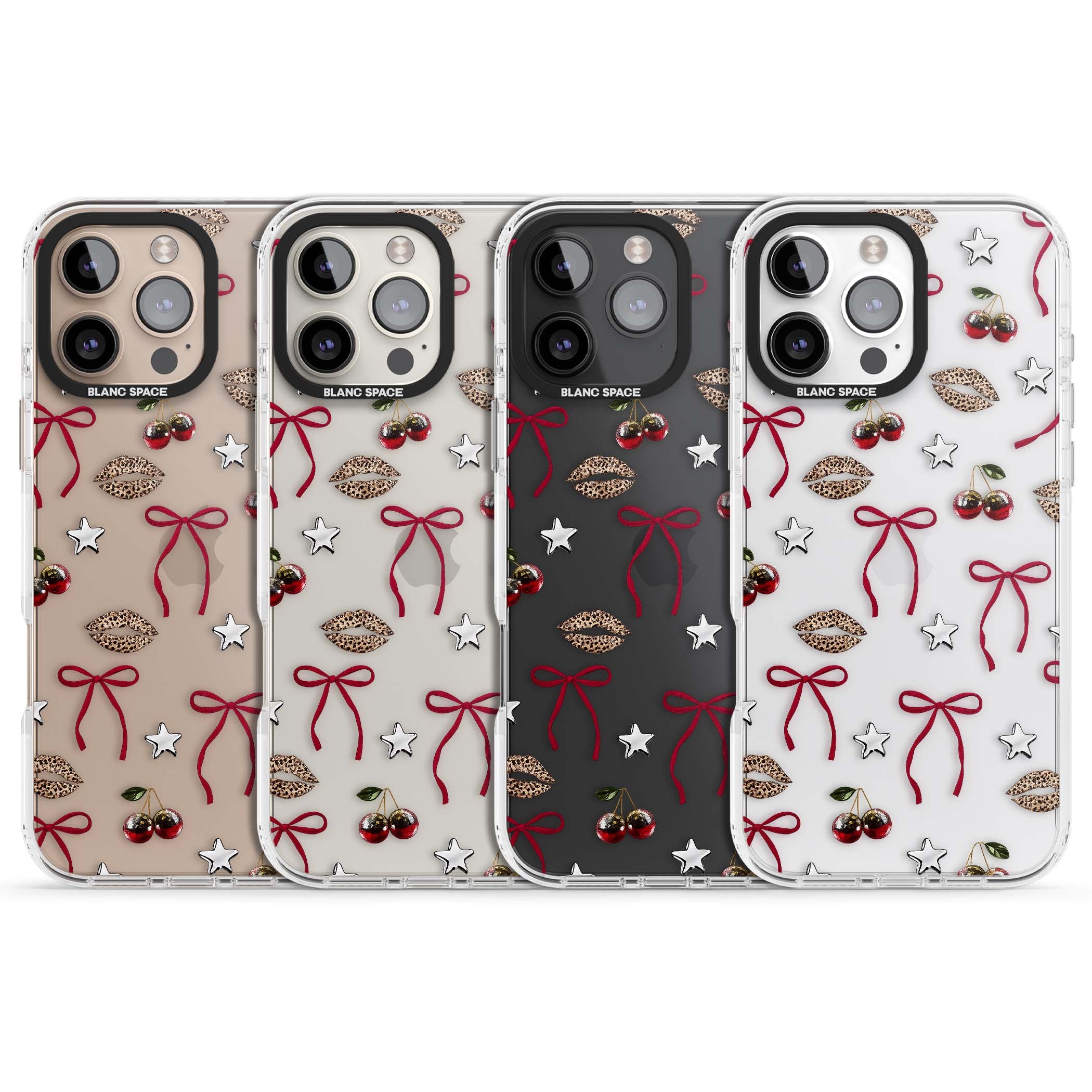 Starlet coquette iPhone case featuring red ribbon bows, disco cherries and leopard-print lips | Clear Impact case for iPhone 16 Pro, iPhone 16 Pro Max
