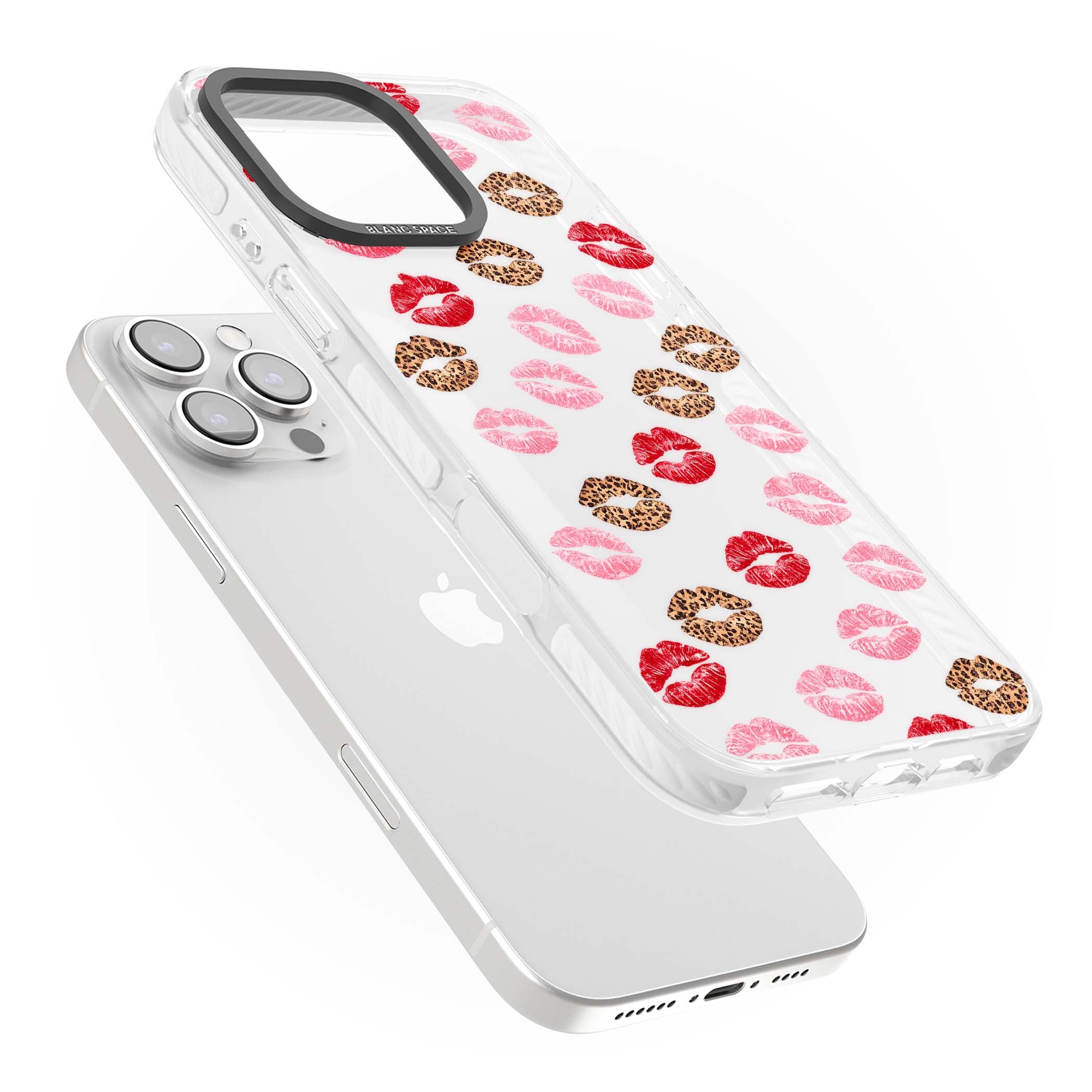 Wild Kisses coquette iPhone case featuring red, pink and leopard print lipstick kiss marks on a clear background | Clear Impact case for iPhone 16 Pro, iPhone 16 Pro Max