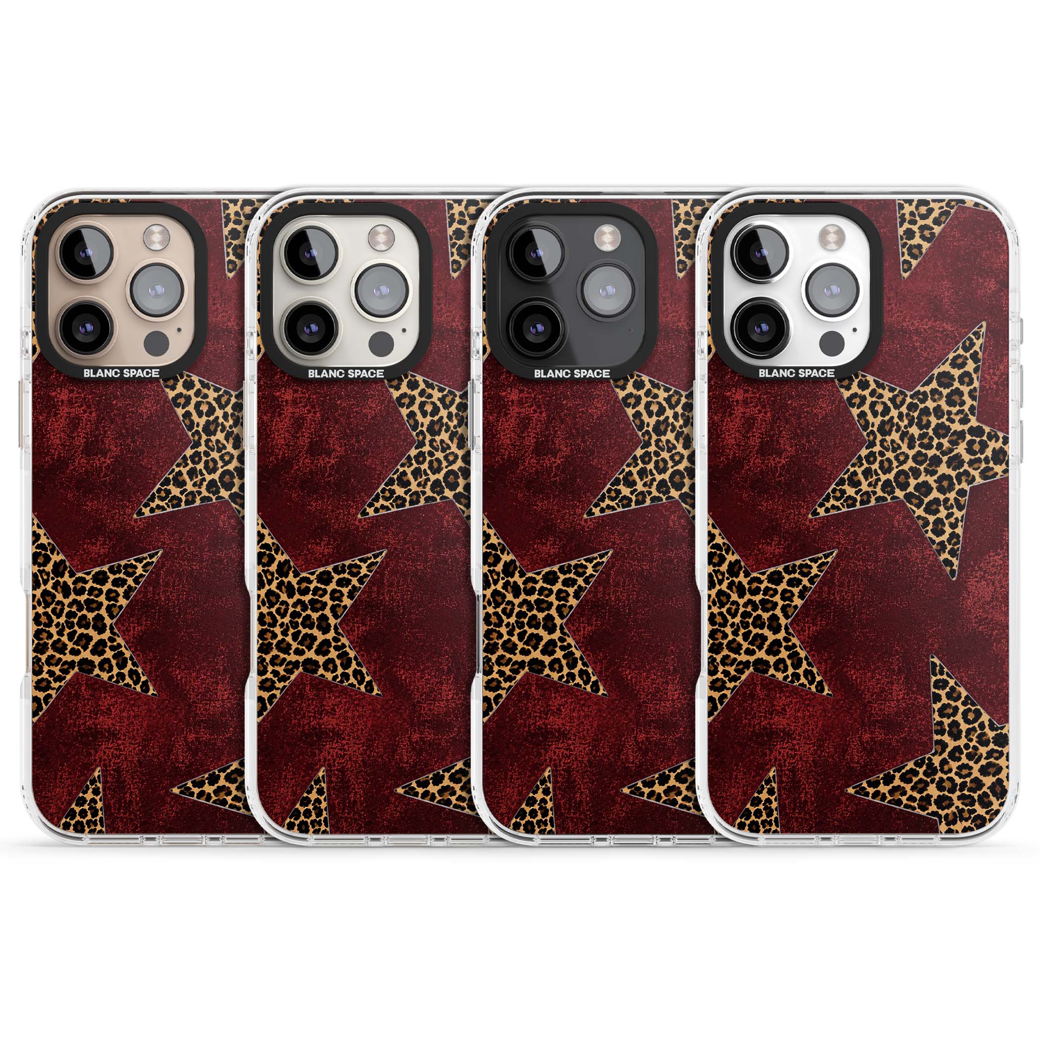 Showgirl leopard print iPhone case featuring cheetah print stars on distressed red grunge background | Clear Impact case for iPhone 16 Pro, iPhone 16 Pro Max