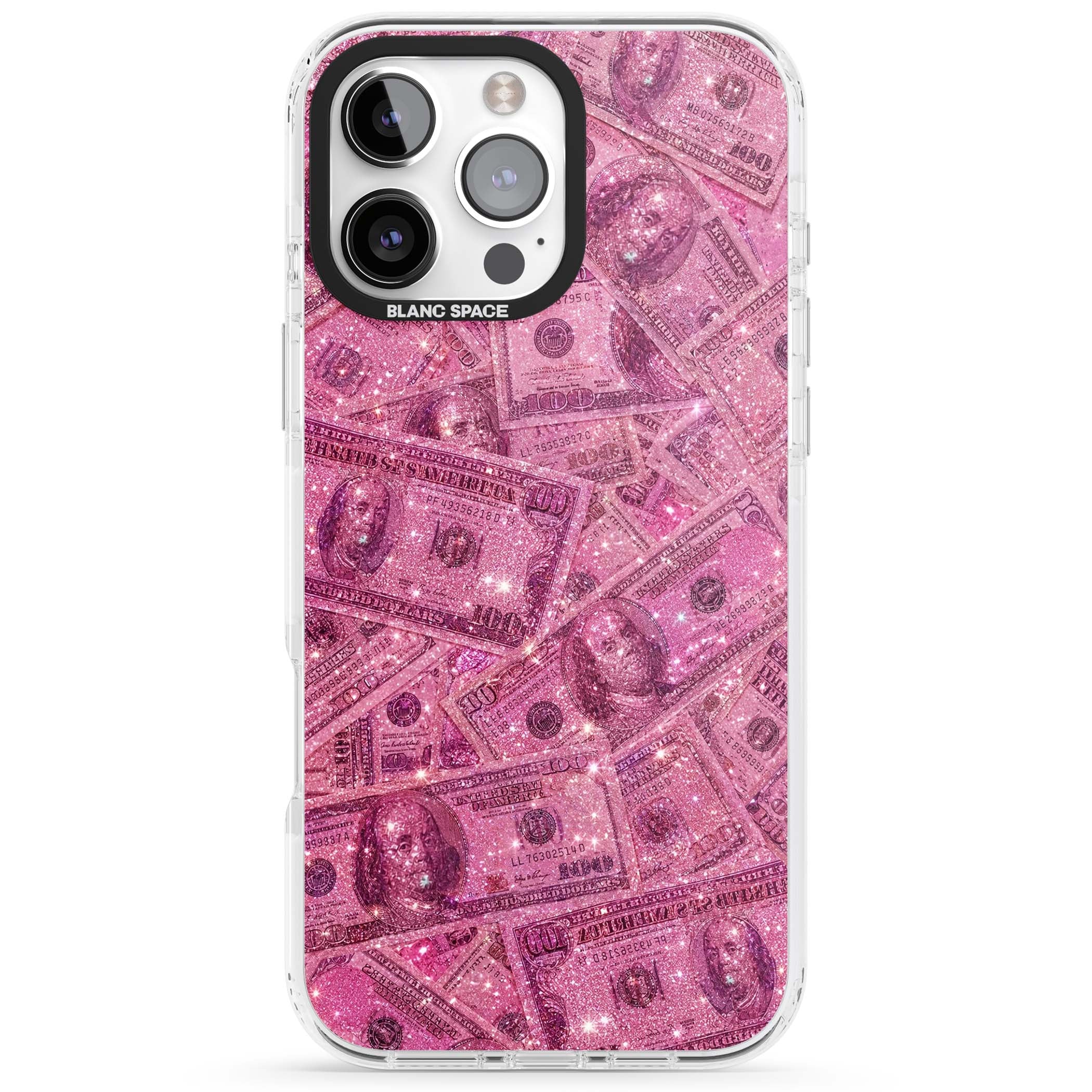 Glamorous baddie iPhone case featuring pink glitter hundred dollar bills and sparkling money wallpaper design | Clear Impact case for iPhone 16 Pro, iPhone 16 Pro Max