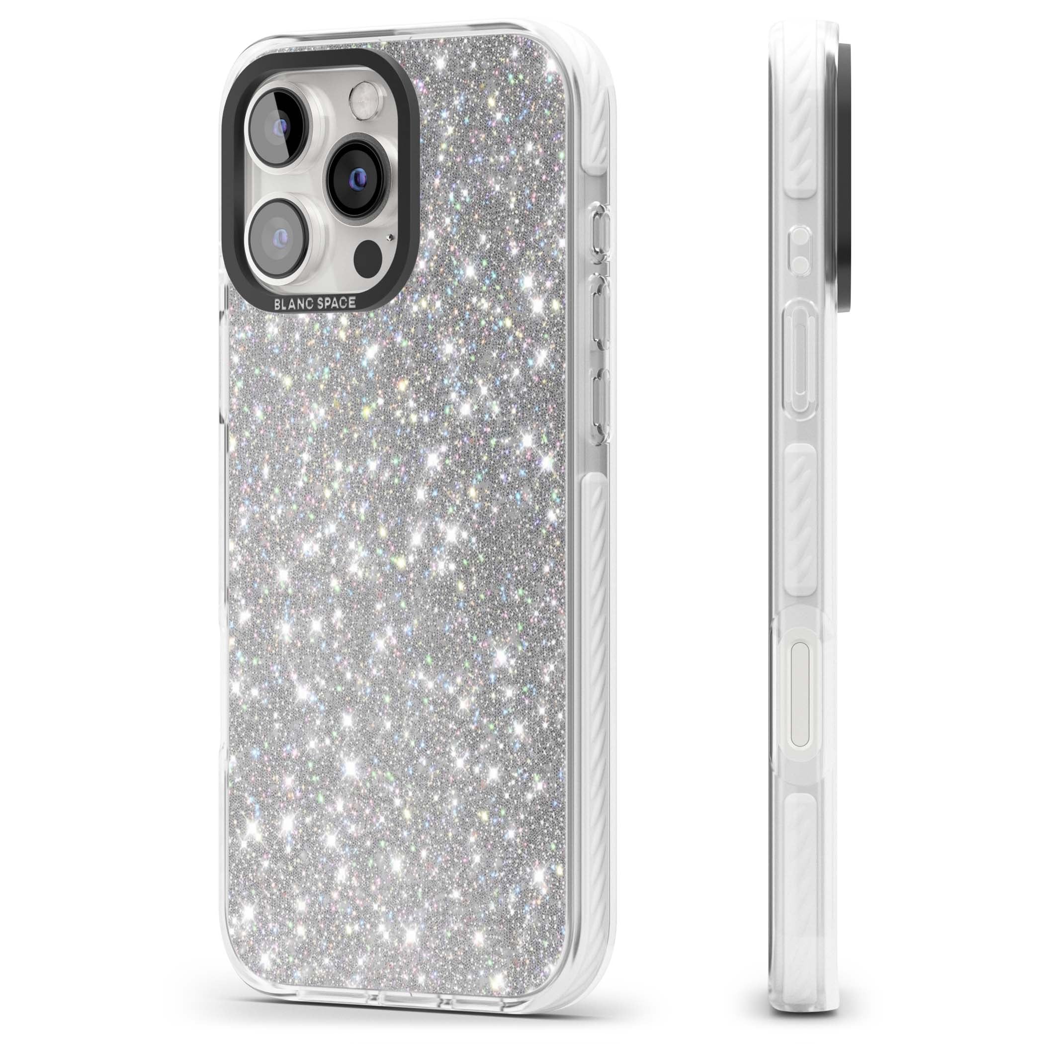 Diamond glam iPhone case featuring silver glitter sparkle and shimmering diamond dust effect | Clear Impact case for iPhone 16 Pro, iPhone 16 Pro Max