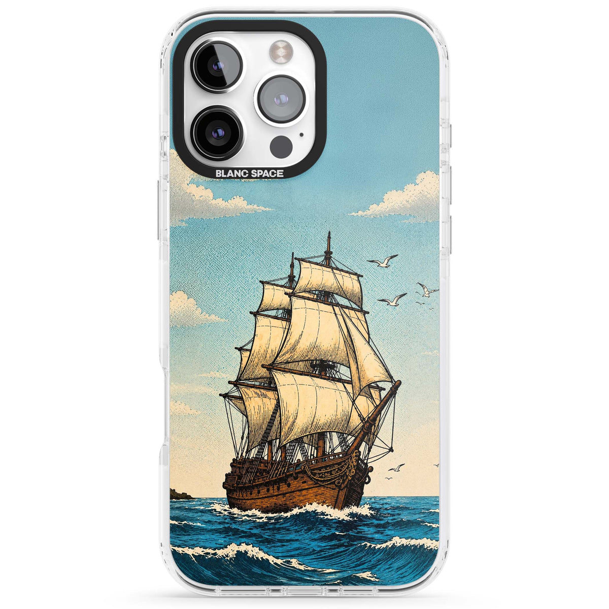 Ship at Sea nautical iPhone case featuring a vintage tall ship, ocean waves and seagulls | Clear Impact case for iPhone 16 Pro, iPhone 16 Pro Max