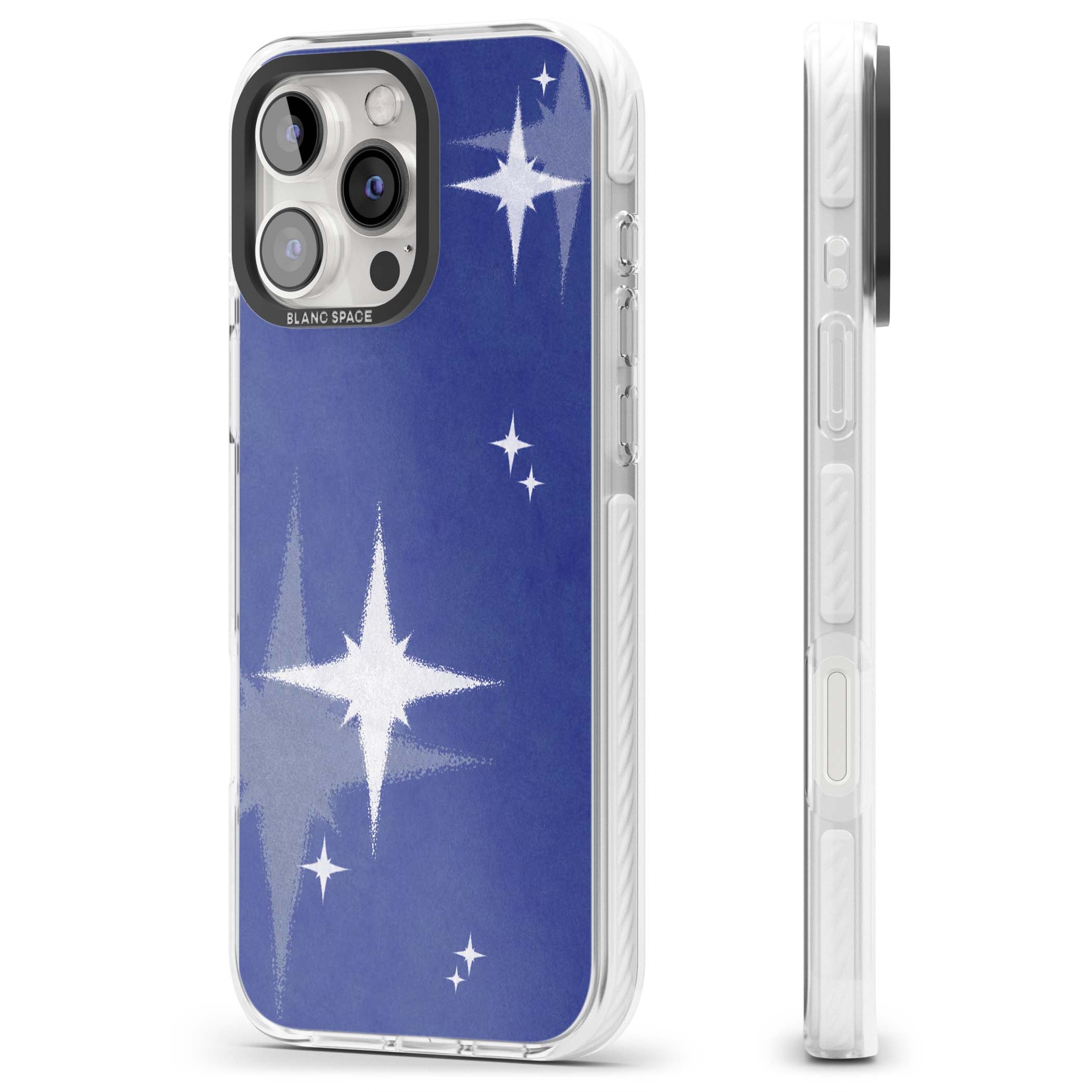 Blue Sparkle celestial iPhone case featuring sparkling silver stars on a deep blue painterly night sky | Clear Impact case for iPhone 16 Pro, iPhone 16 Pro Max