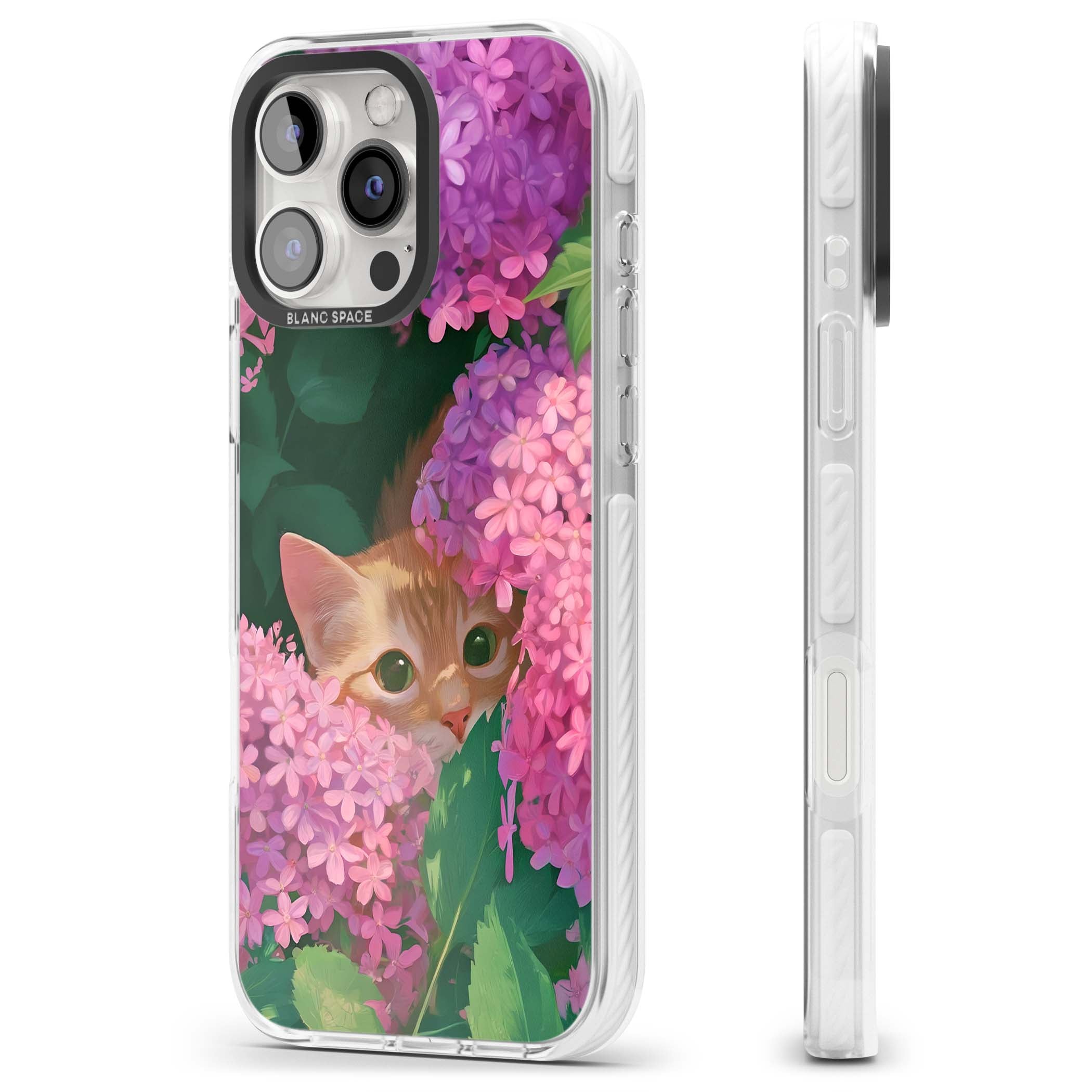 Cat In Pink Flowers cottagecore iPhone case featuring a ginger kitten peeking through lilac and pink hydrangea flo | Clear Impact case for iPhone 16 Pro, iPhone 16 Pro Max