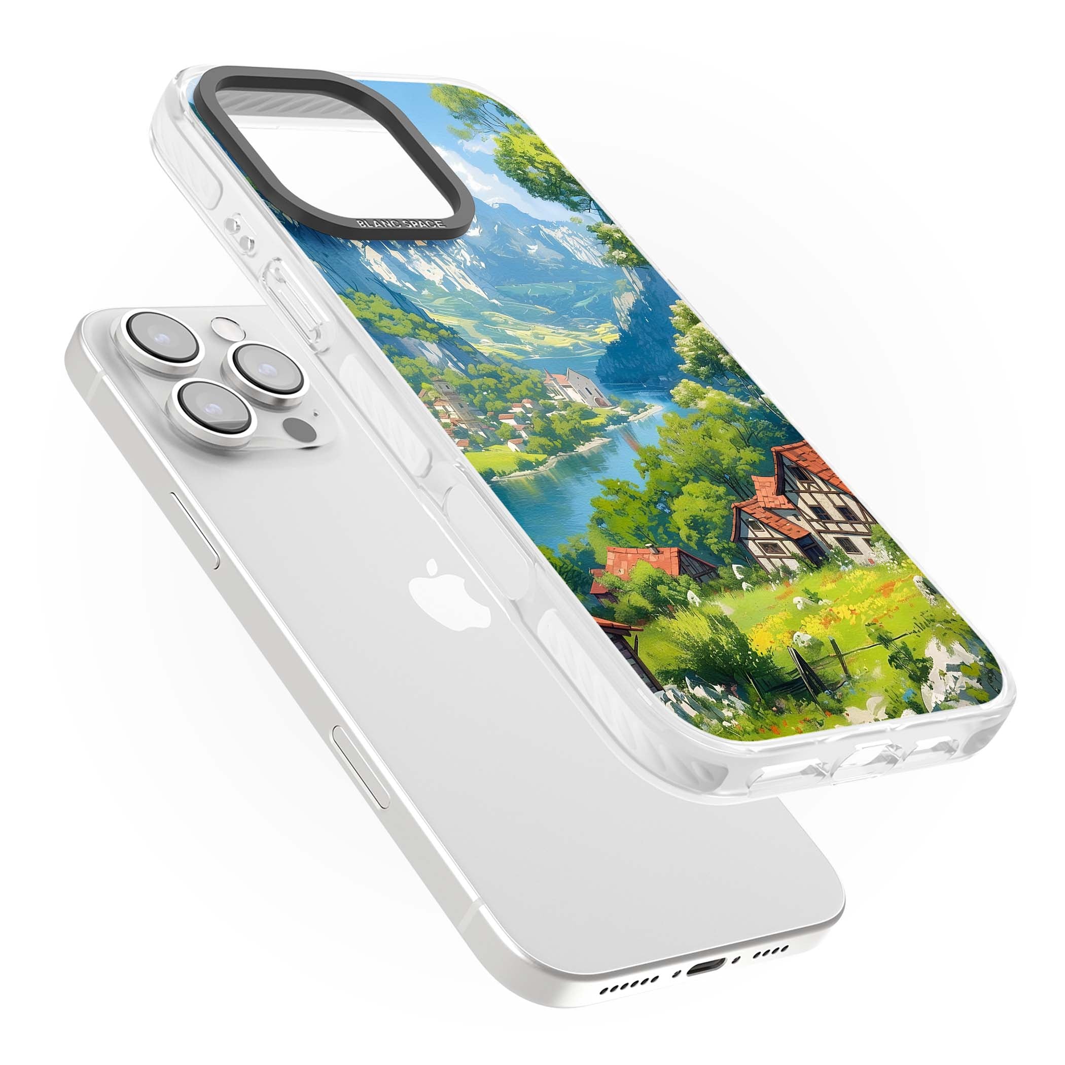 Village In The Valley anime iPhone case featuring a painted mountain village, river valley and half-timbered cottages. | Clear Impact case for iPhone 16 Pro, iPhone 16 Pro Max