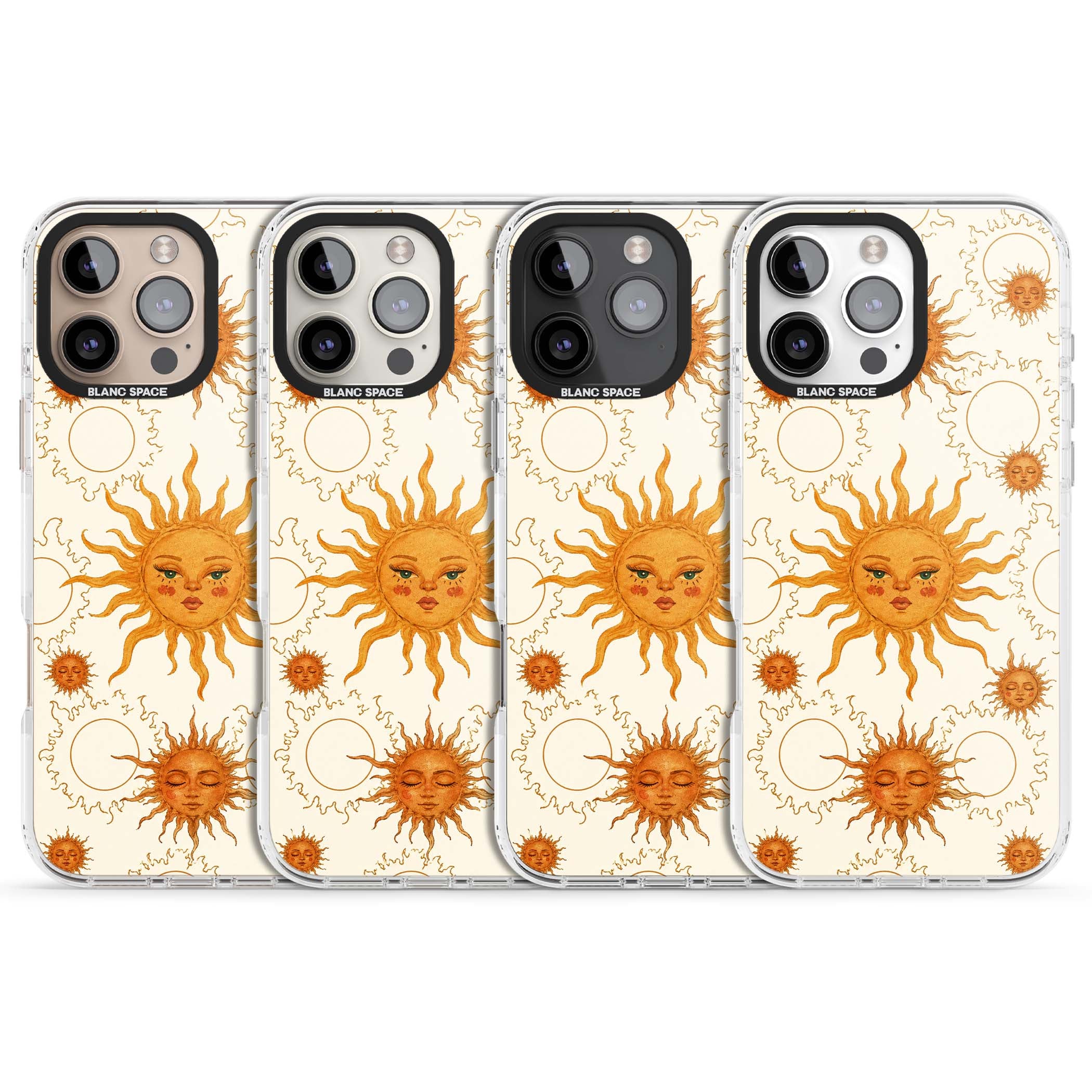 Solstice Muse celestial iPhone case featuring hand-painted golden sun faces, closed-eye sun goddesses and outlined moons... | Clear Impact case for iPhone 16 Pro, iPhone 16 Pro Max