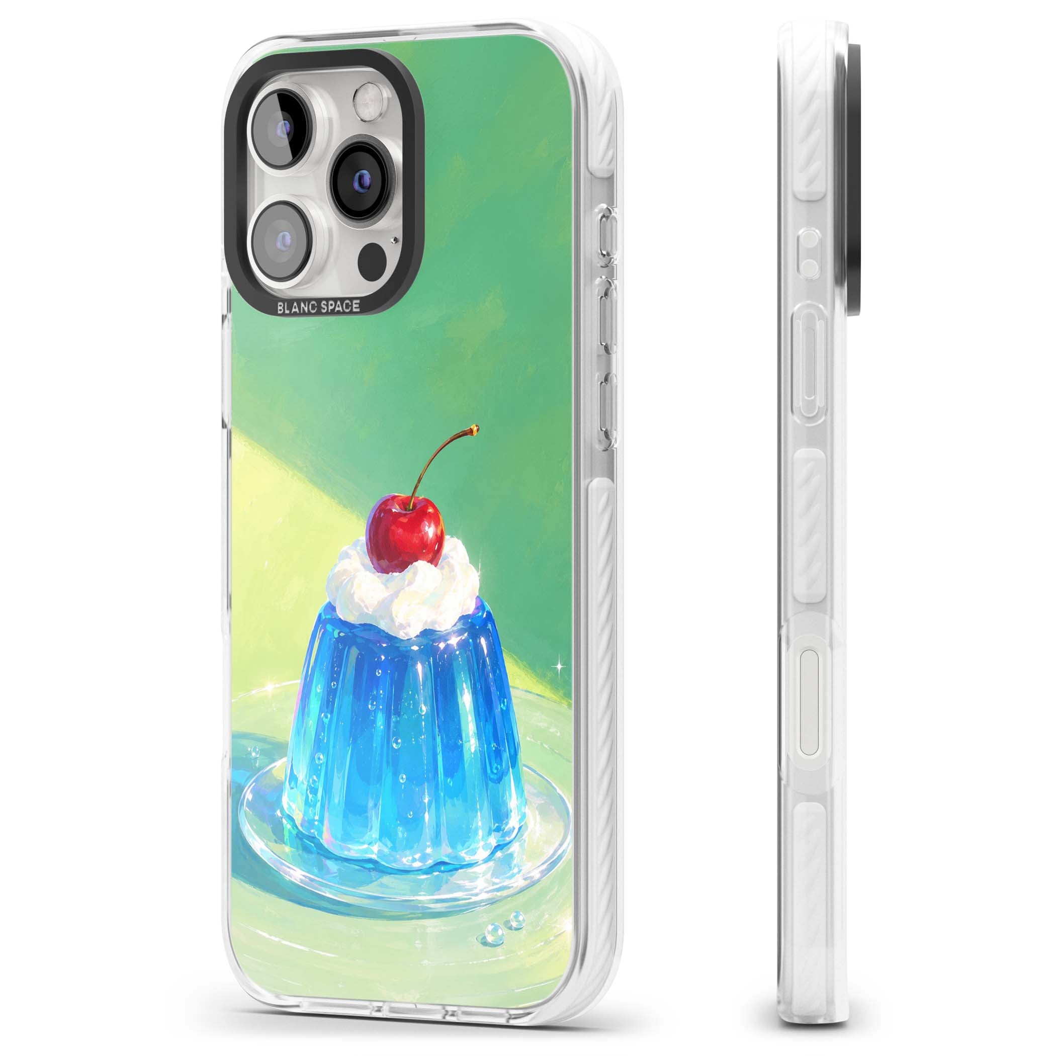 Cherry Jelly kawaii dessert iPhone case featuring blue jelly pudding, whipped cream and a red cherry | Clear Impact case for iPhone 16 Pro, iPhone 16 Pro Max
