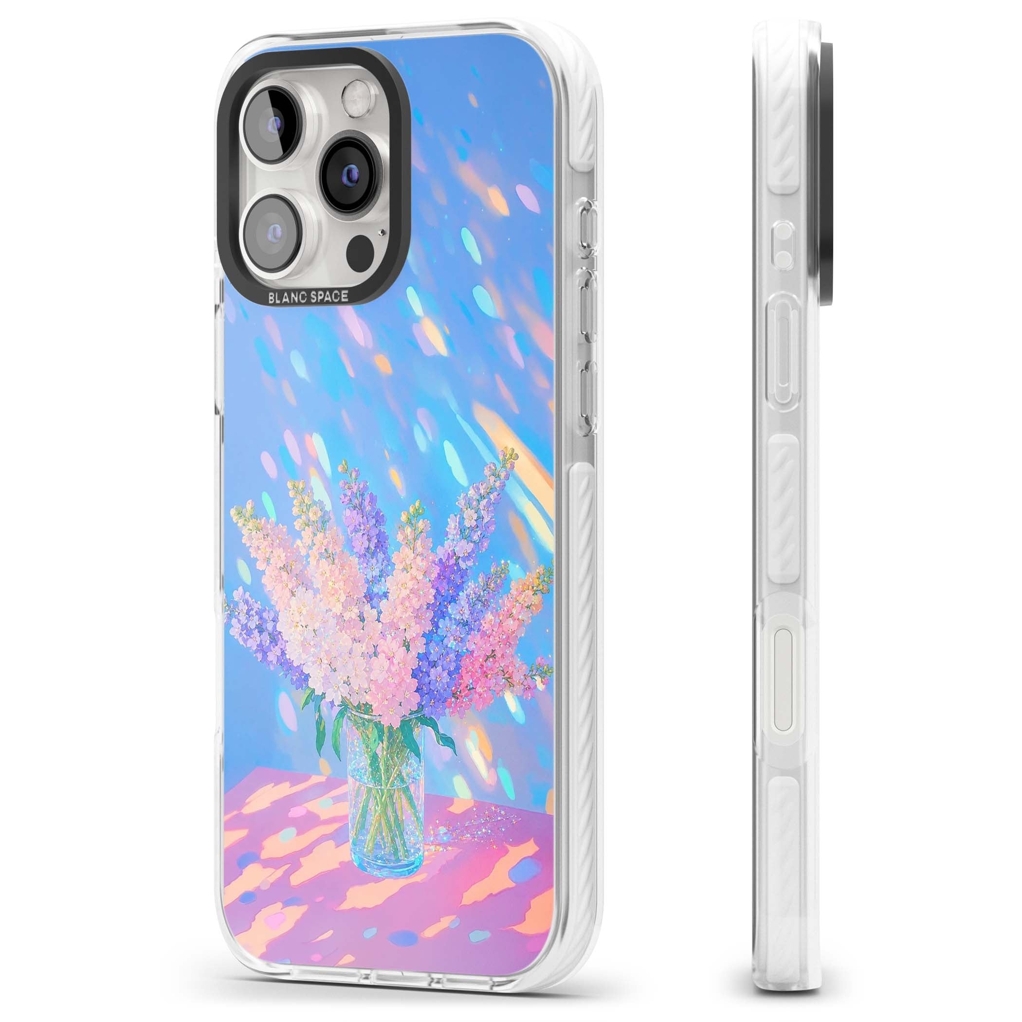 Bubblegum Flowers floral iPhone case featuring pastel lilac and pink bouquet in a glass vase with iridescent light | Clear Impact case for iPhone 16 Pro, iPhone 16 Pro Max