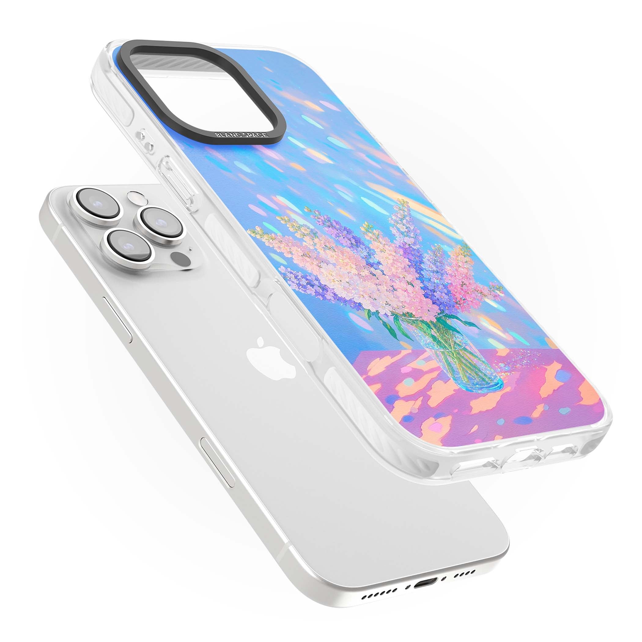 Bubblegum Flowers floral iPhone case featuring pastel lilac and pink bouquet in a glass vase with iridescent light | Clear Impact case for iPhone 16 Pro, iPhone 16 Pro Max