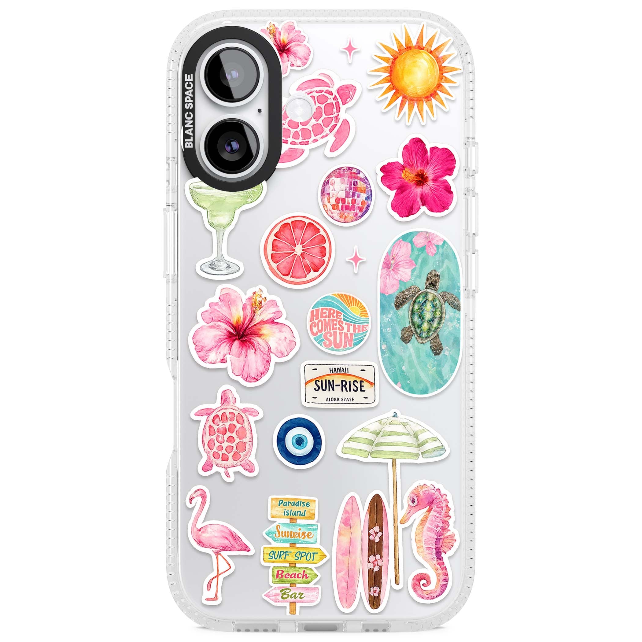 Aloha Sticker Mix tropical summer iPhone case featuring pink hibiscus, sea turtles, flamingo and beach umbrella stickers | Clear Case Impact Air case for iPhone 17
