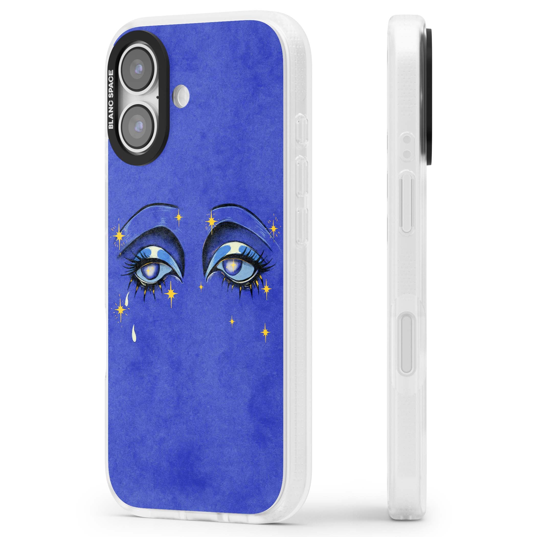 Blue Mystic Eyes celestial iPhone case featuring hand drawn blue mystical eyes, golden stars and a painted tear on indigo | Clear Case Impact Air case for iPhone 17