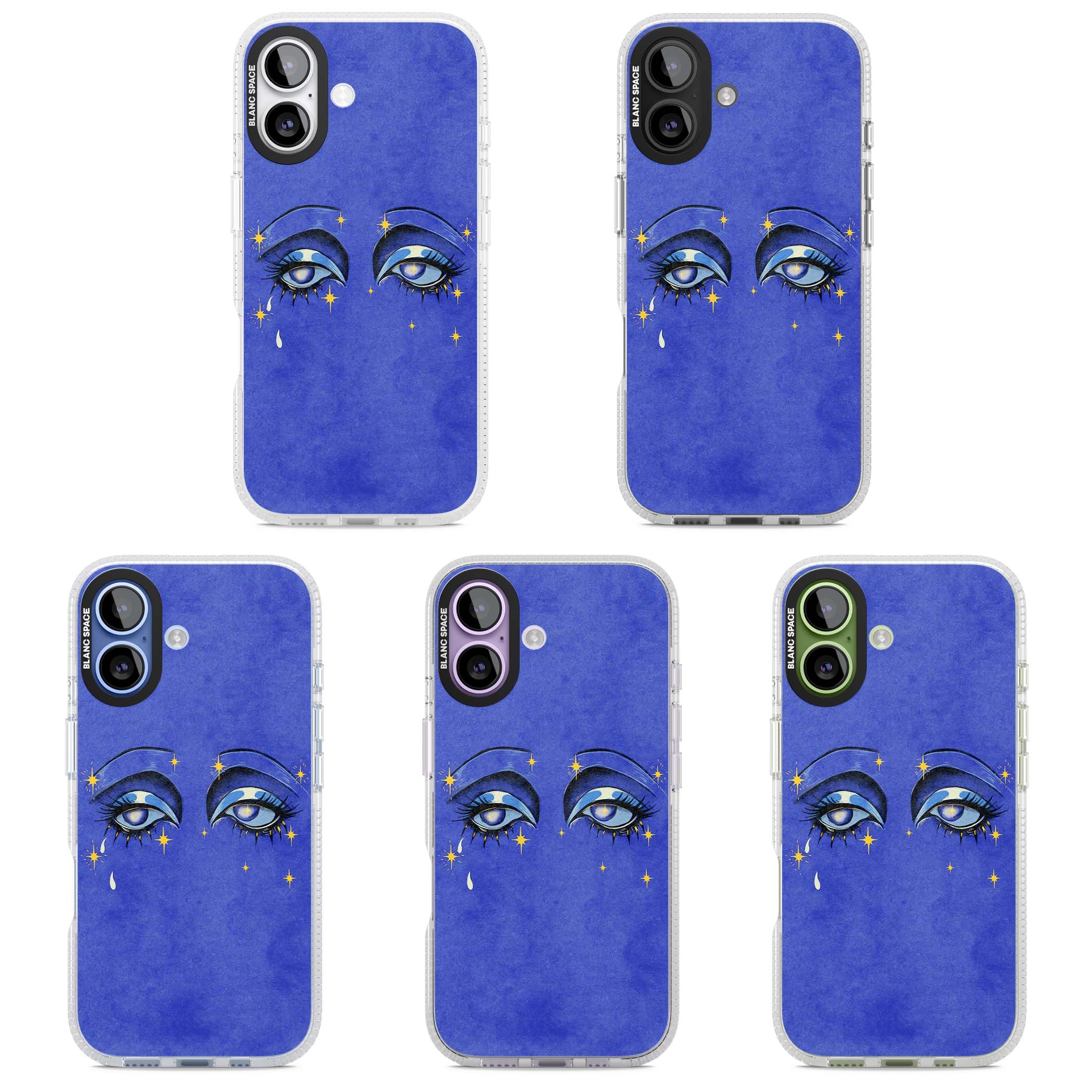 Blue Mystic Eyes celestial iPhone case featuring hand drawn blue mystical eyes, golden stars and a painted tear on indigo | Clear Case Impact Air case for iPhone 17