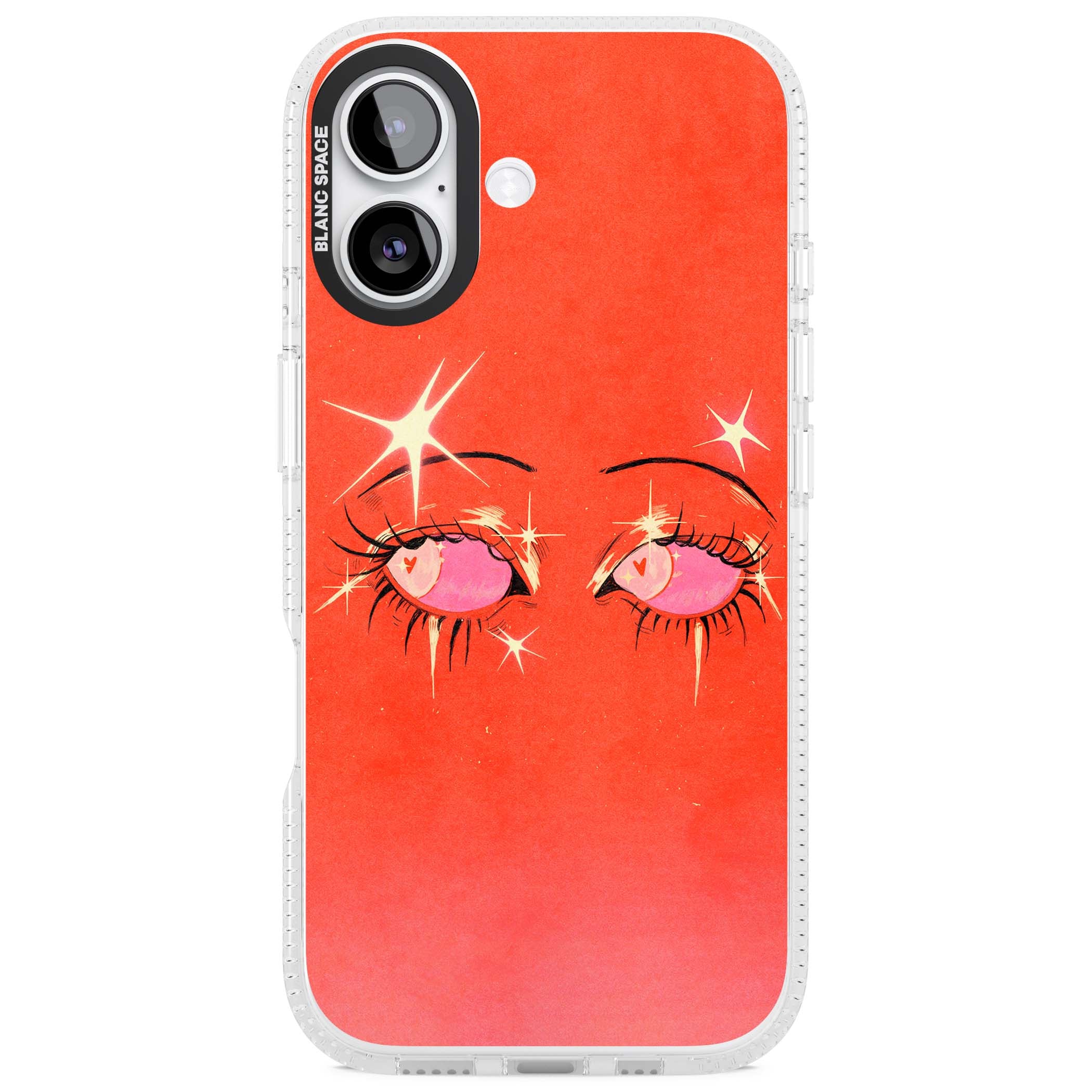 Pink Ethereal Eyes anime iPhone case featuring hand-drawn sparkly eyes with pink hearts and gold stars on red | Clear Case Impact Air case for iPhone 17