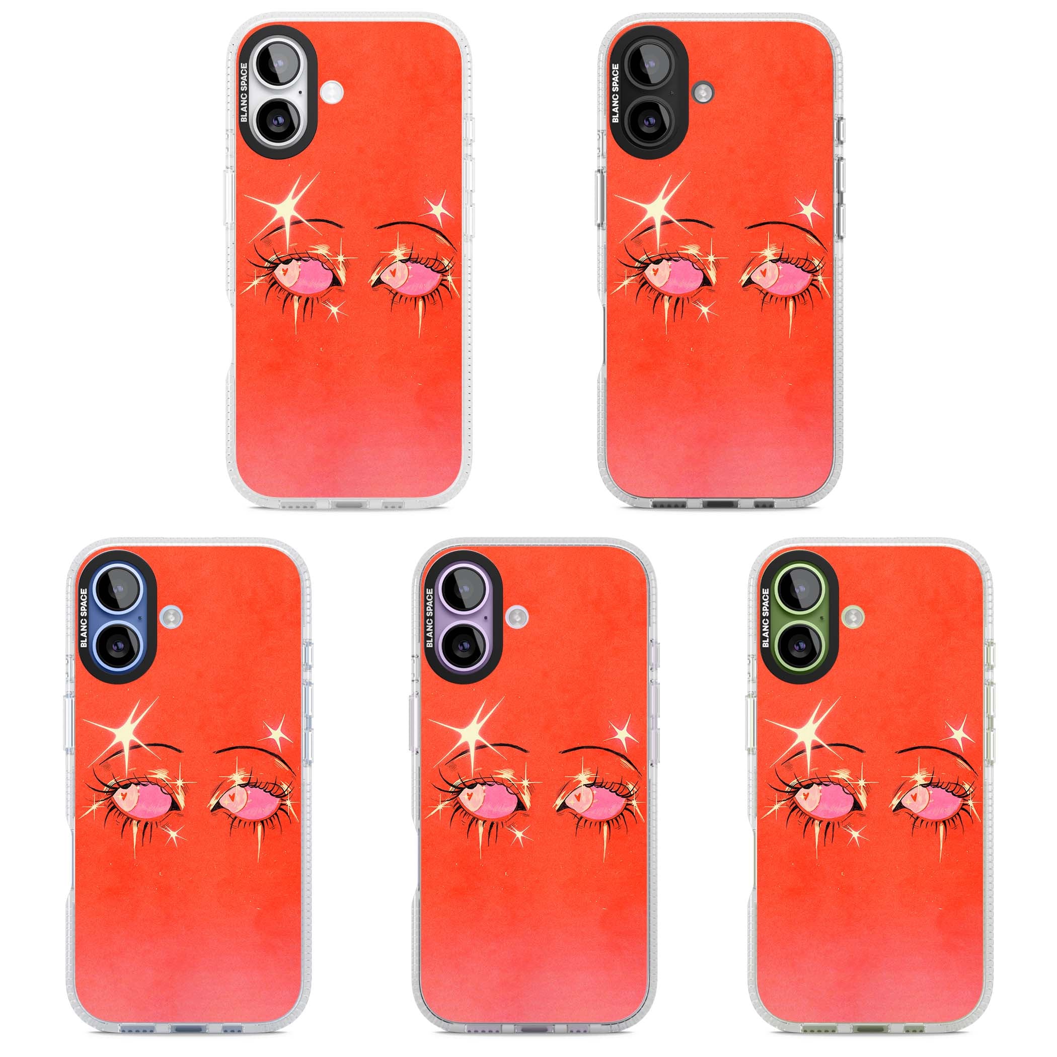 Pink Ethereal Eyes anime iPhone case featuring hand-drawn sparkly eyes with pink hearts and gold stars on red | Clear Case Impact Air case for iPhone 17