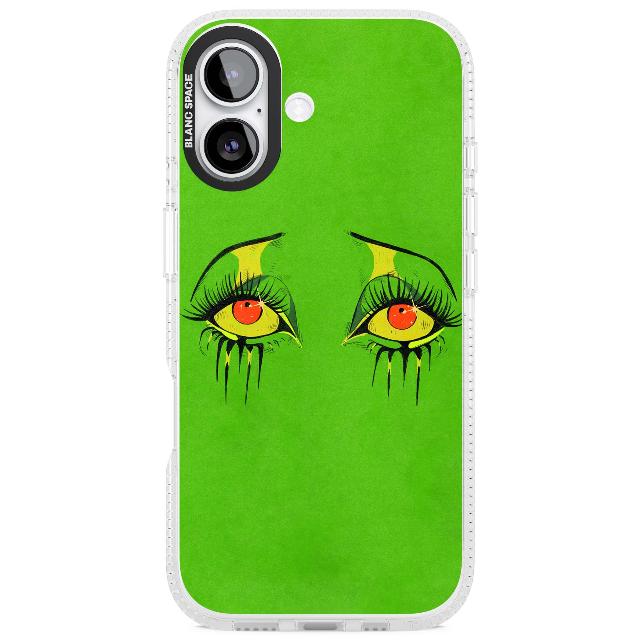 Green Enchanted Eyes psychedelic art iPhone case featuring hand-drawn dripping eyes on neon green background | Clear Case Impact Air case for iPhone 17