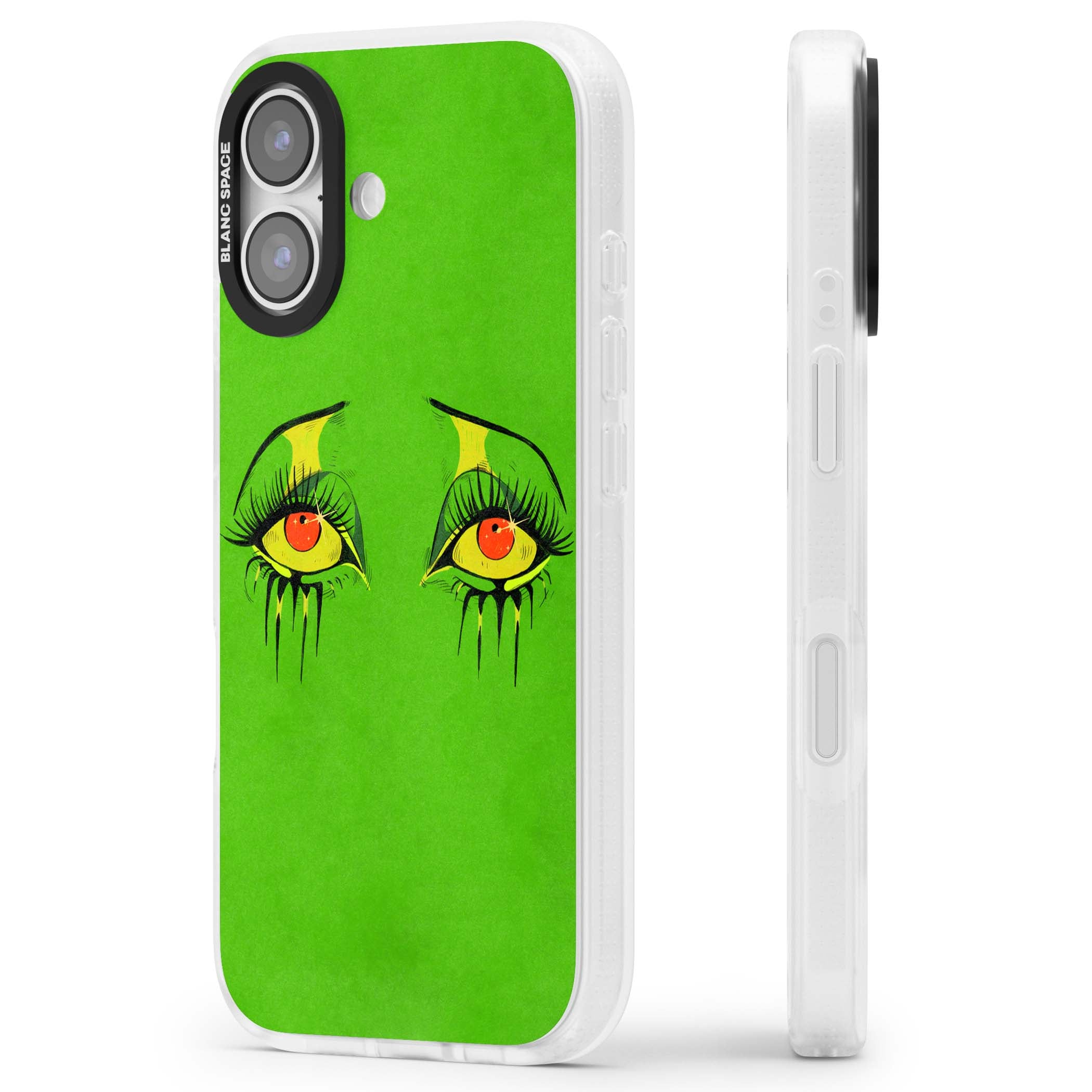 Green Enchanted Eyes psychedelic art iPhone case featuring hand-drawn dripping eyes on neon green background | Clear Case Impact Air case for iPhone 17