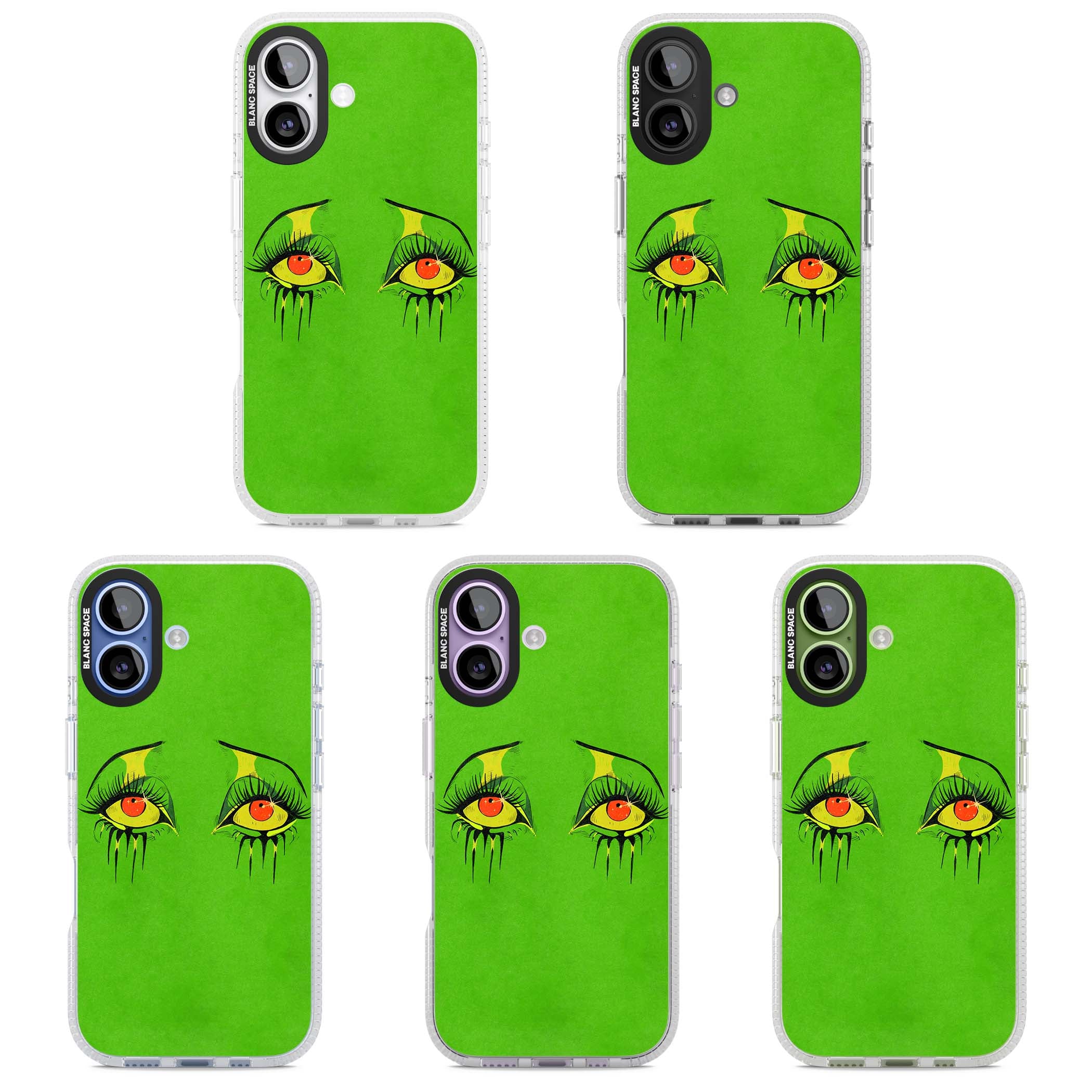 Green Enchanted Eyes psychedelic art iPhone case featuring hand-drawn dripping eyes on neon green background | Clear Case Impact Air case for iPhone 17
