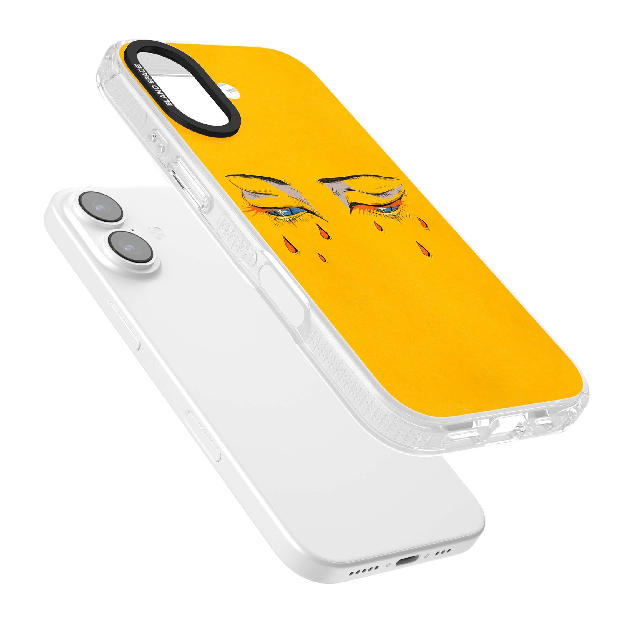 Yellow Tearful Eyes indie iPhone case featuring hand-drawn crying eyes with orange tears on a yellow background | Clear Case Impact Air case for iPhone 17