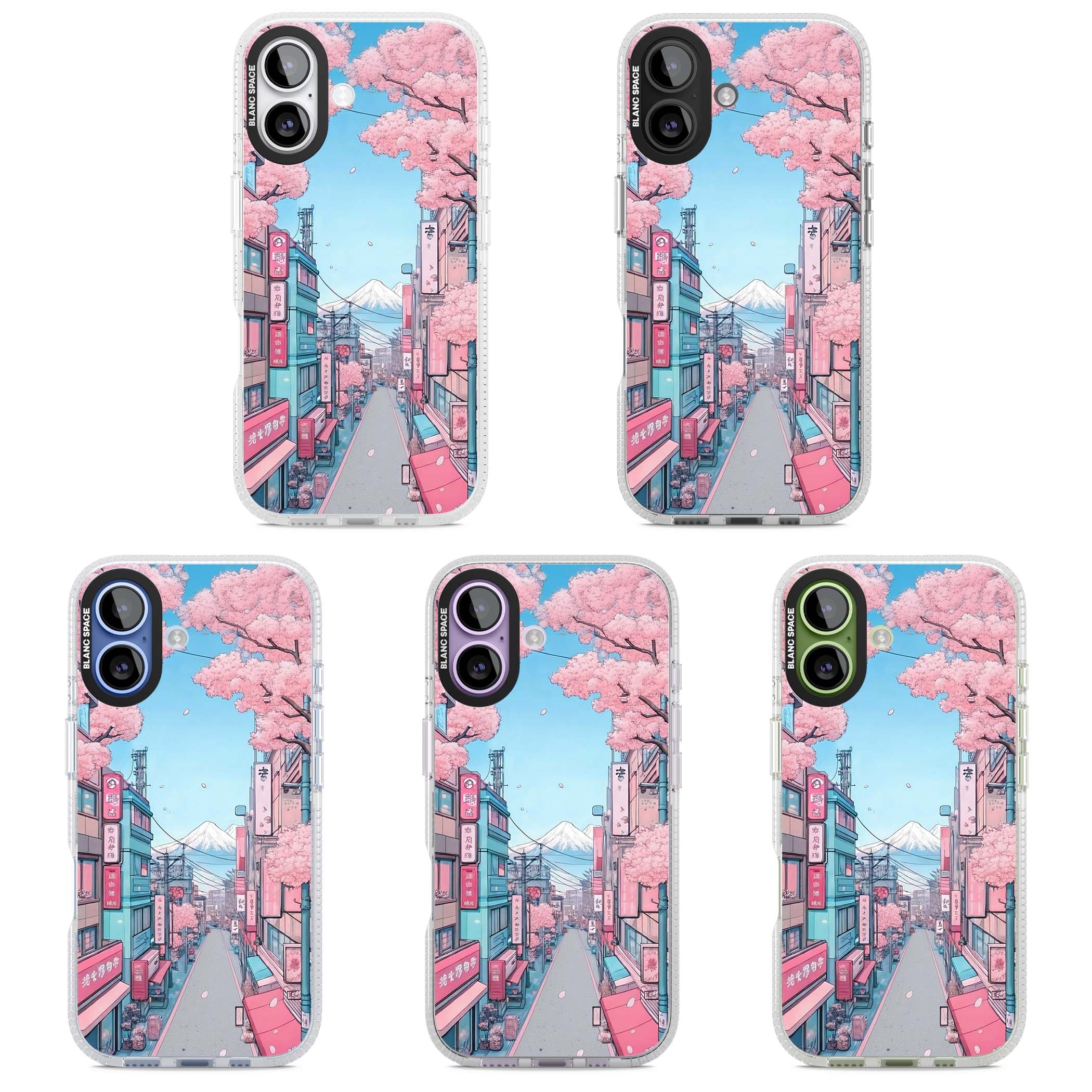 Sakura Lane anime iPhone case featuring Tokyo street scene with cherry blossoms and Mount Fuji | Clear Case Impact Air case for iPhone 17
