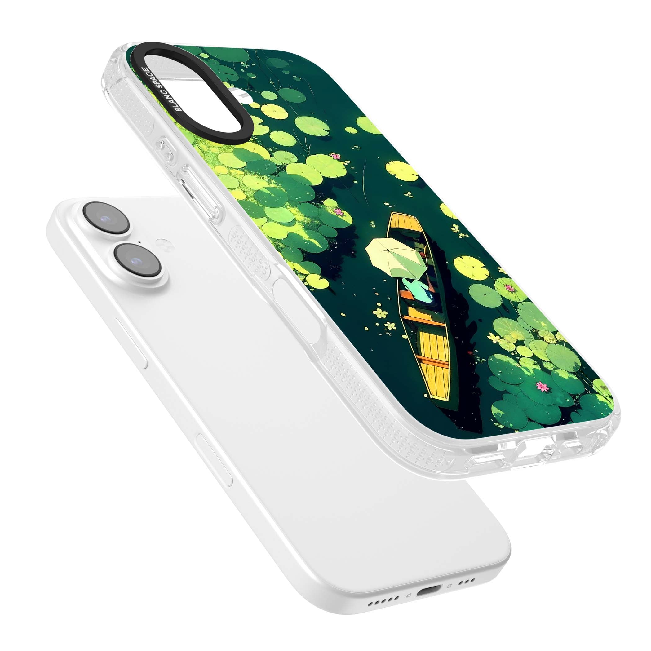 Jade Waters cottagecore iPhone case featuring a painted lily pond, wooden boat with parasol and floating water lilies | Clear Case Impact Air case for iPhone 17