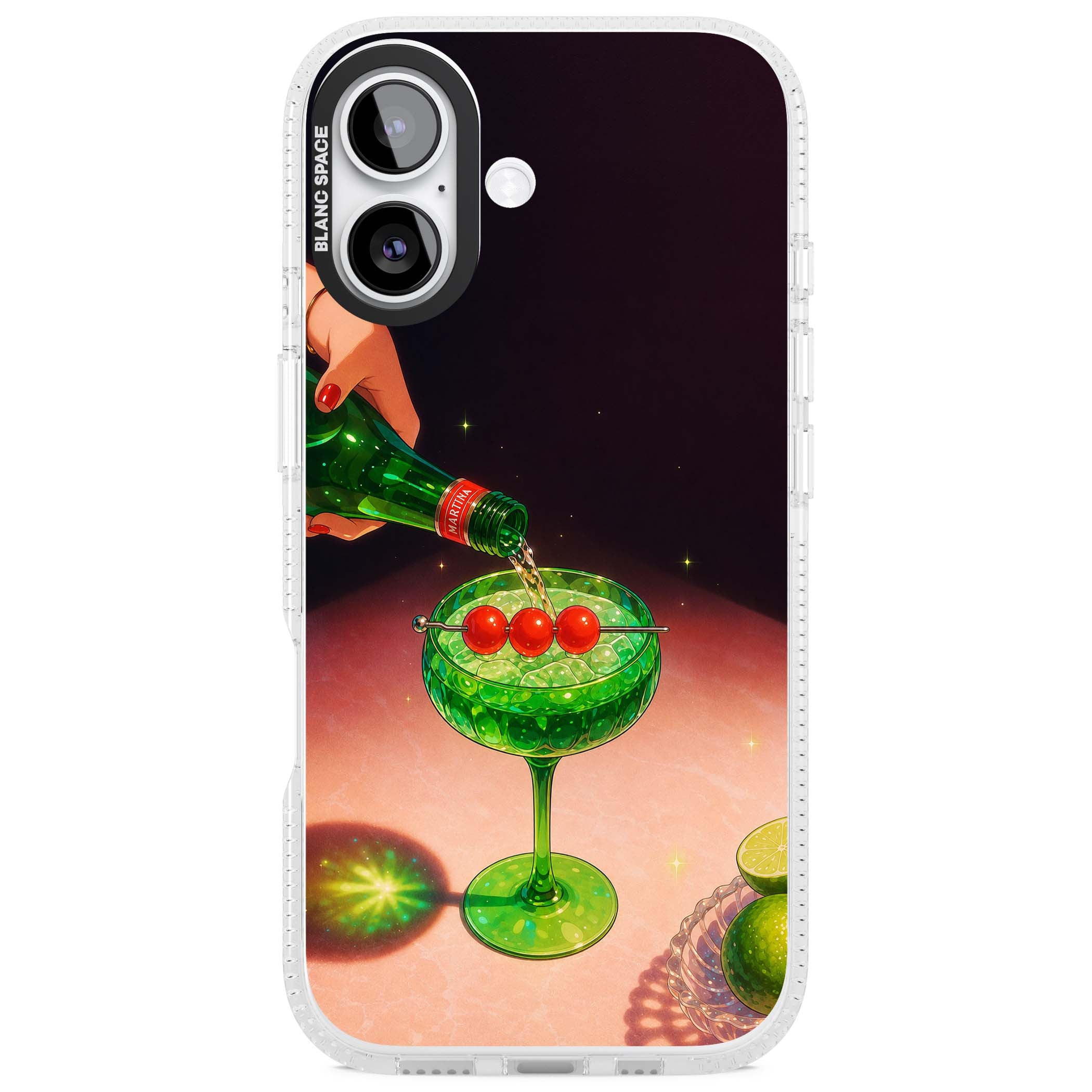 Absinthe Hour cocktail iPhone case featuring a green coupe glass, cherry garnish and vintage bottle pour illustration | Clear Case Impact Air case for iPhone 17