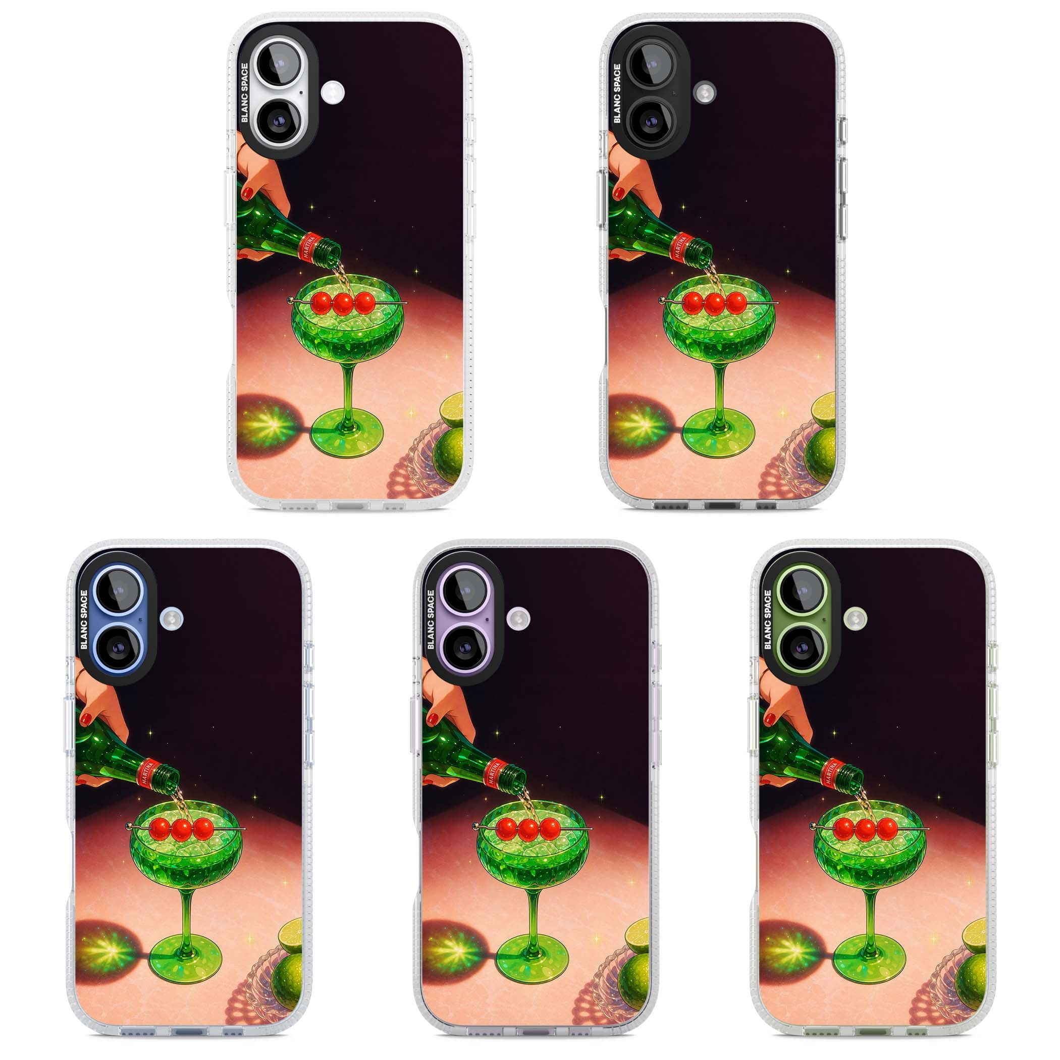 Absinthe Hour cocktail iPhone case featuring a green coupe glass, cherry garnish and vintage bottle pour illustration | Clear Case Impact Air case for iPhone 17