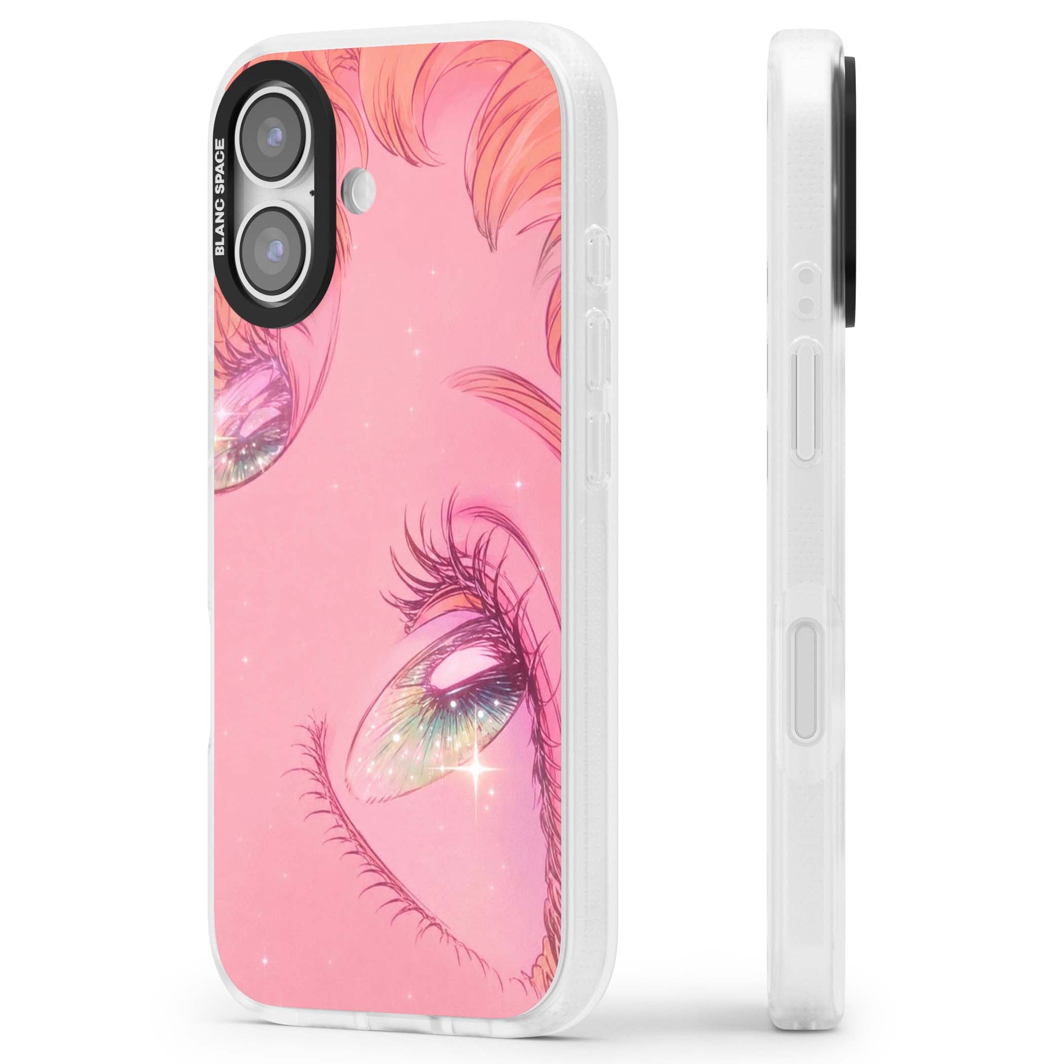 Pink Ethereal Gaze anime iPhone case featuring sparkling manga eyes, coral lashes and dreamy peach sky | Clear Case Impact Air case for iPhone 17