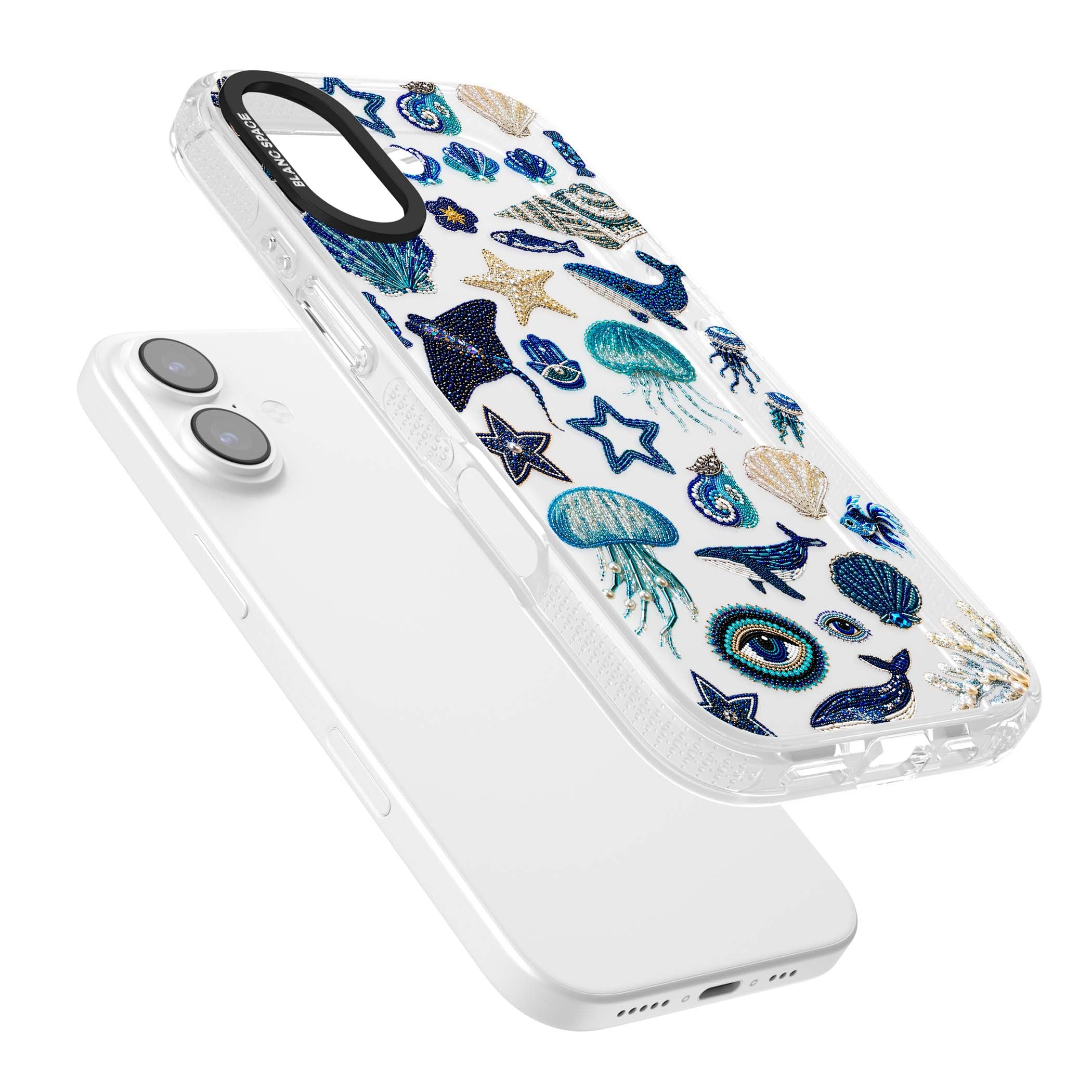 Beaded Coastal coastal iPhone case featuring embroidered seashells, jellyfish and a blue whale on clear | Clear Case Impact Air case for iPhone 17