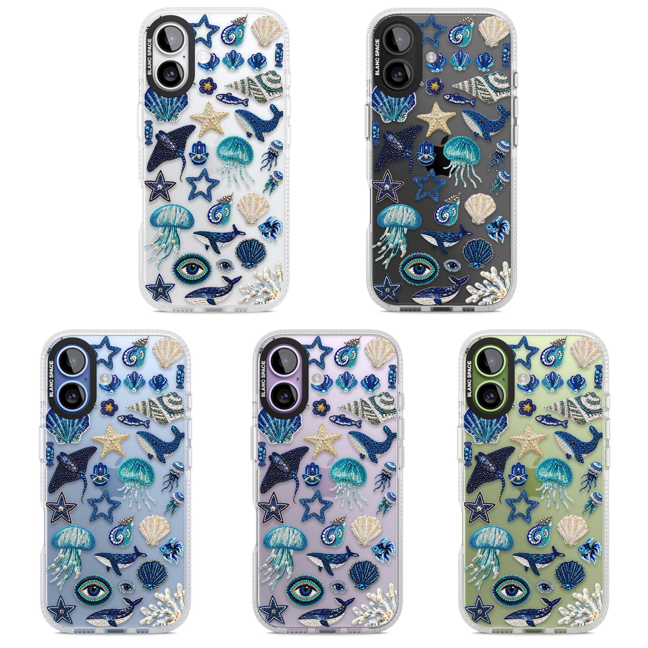 Beaded Coastal coastal iPhone case featuring embroidered seashells, jellyfish and a blue whale on clear | Clear Case Impact Air case for iPhone 17
