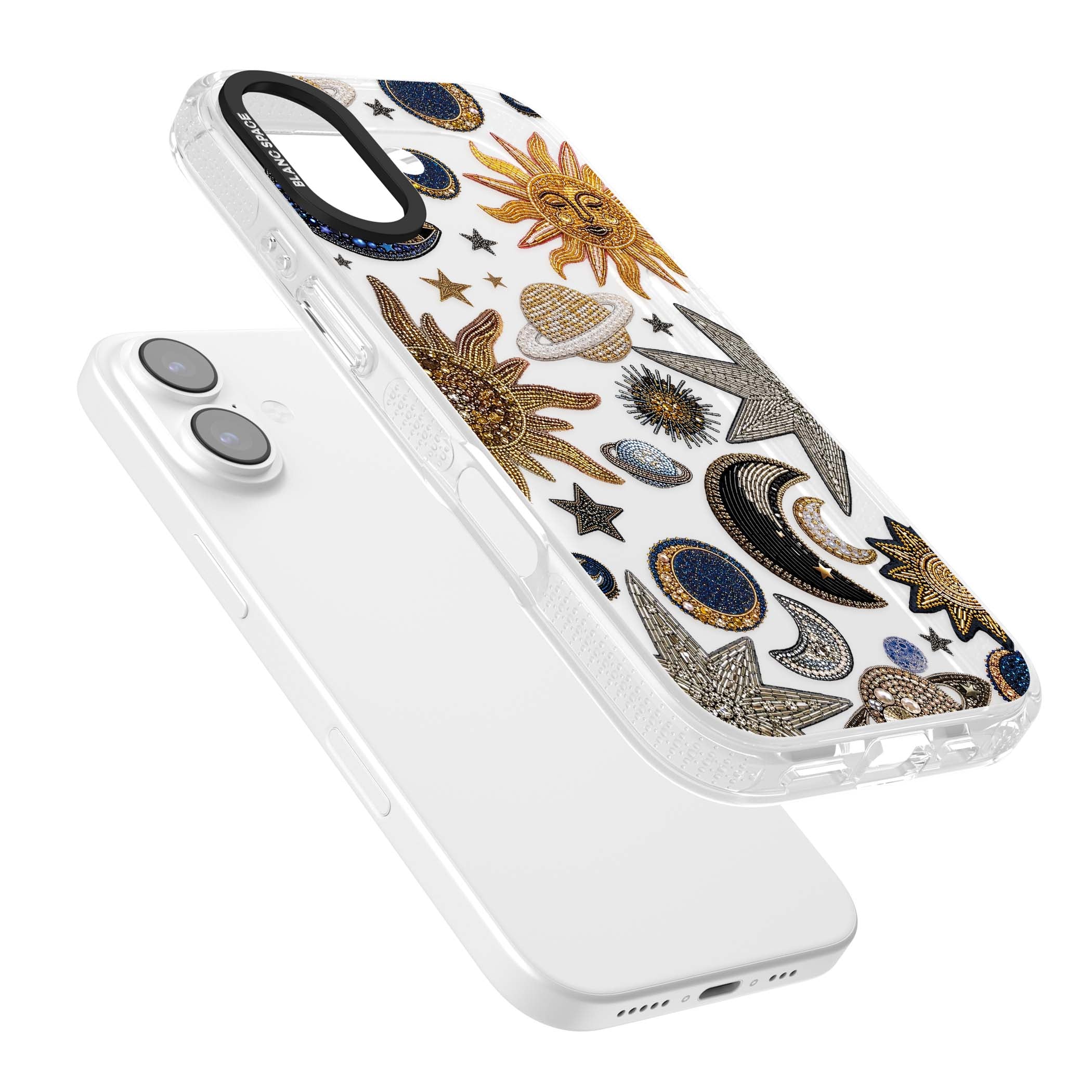 Beaded Cosmos celestial iPhone case featuring embroidered golden suns, beaded planets and silver shooting stars | Clear Case Impact Air case for iPhone 17