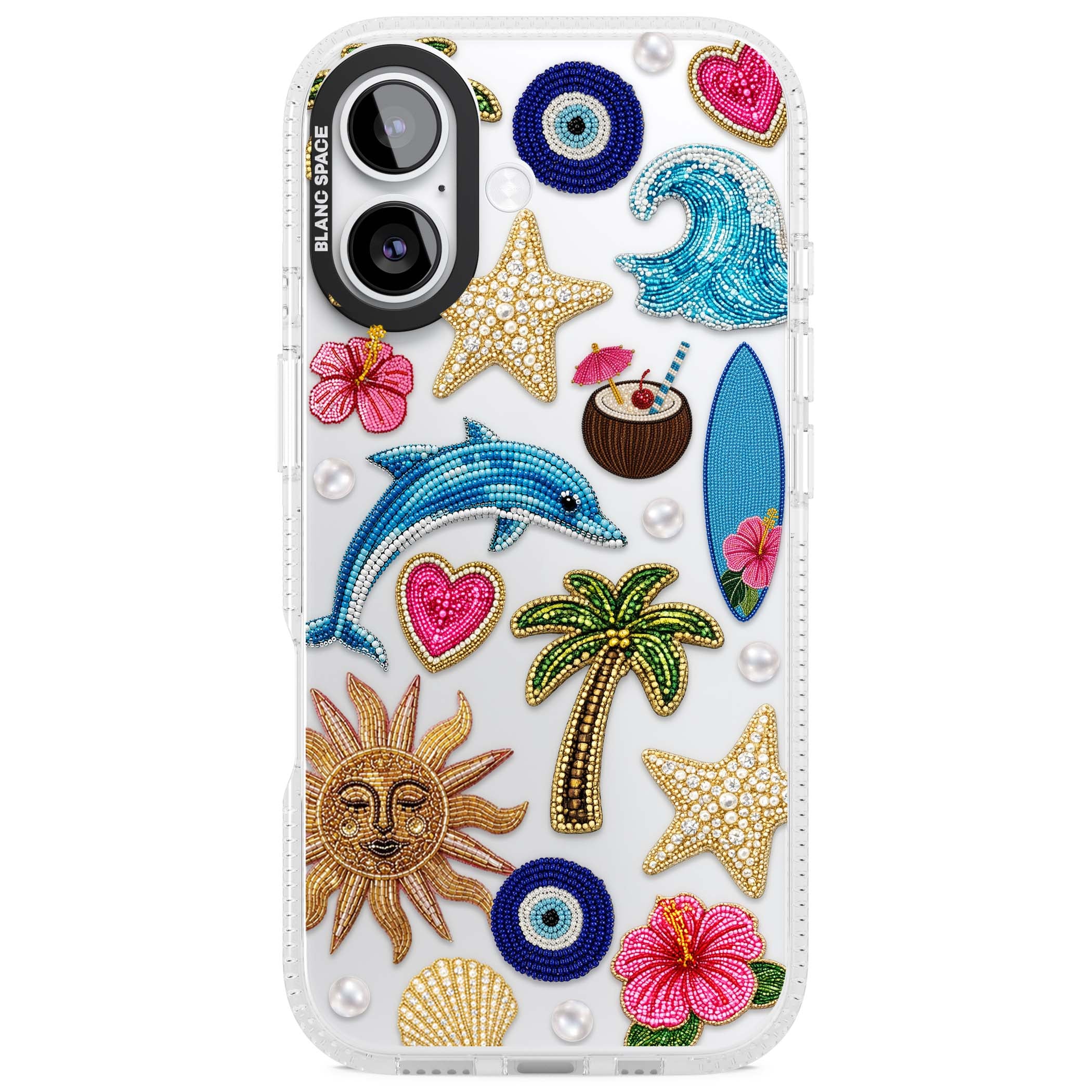Beaded Beach coastal summer iPhone case featuring embroidered evil eye, hibiscus flowers, dolphin and palm tree patches | Clear Case Impact Air case for iPhone 17