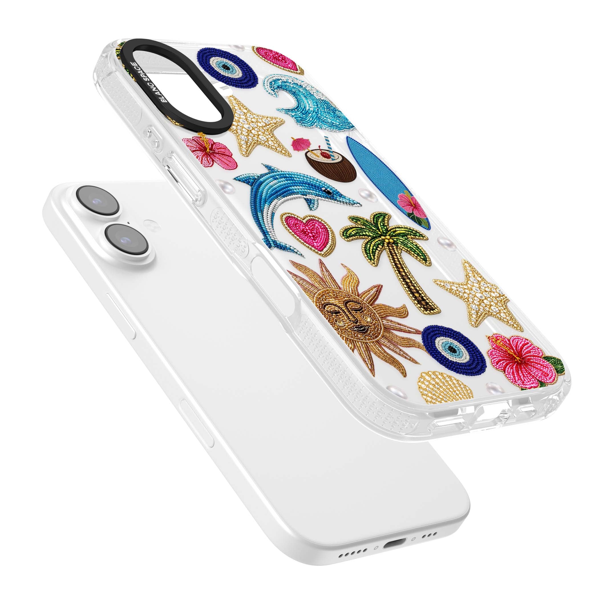 Beaded Beach coastal summer iPhone case featuring embroidered evil eye, hibiscus flowers, dolphin and palm tree patches | Clear Case Impact Air case for iPhone 17