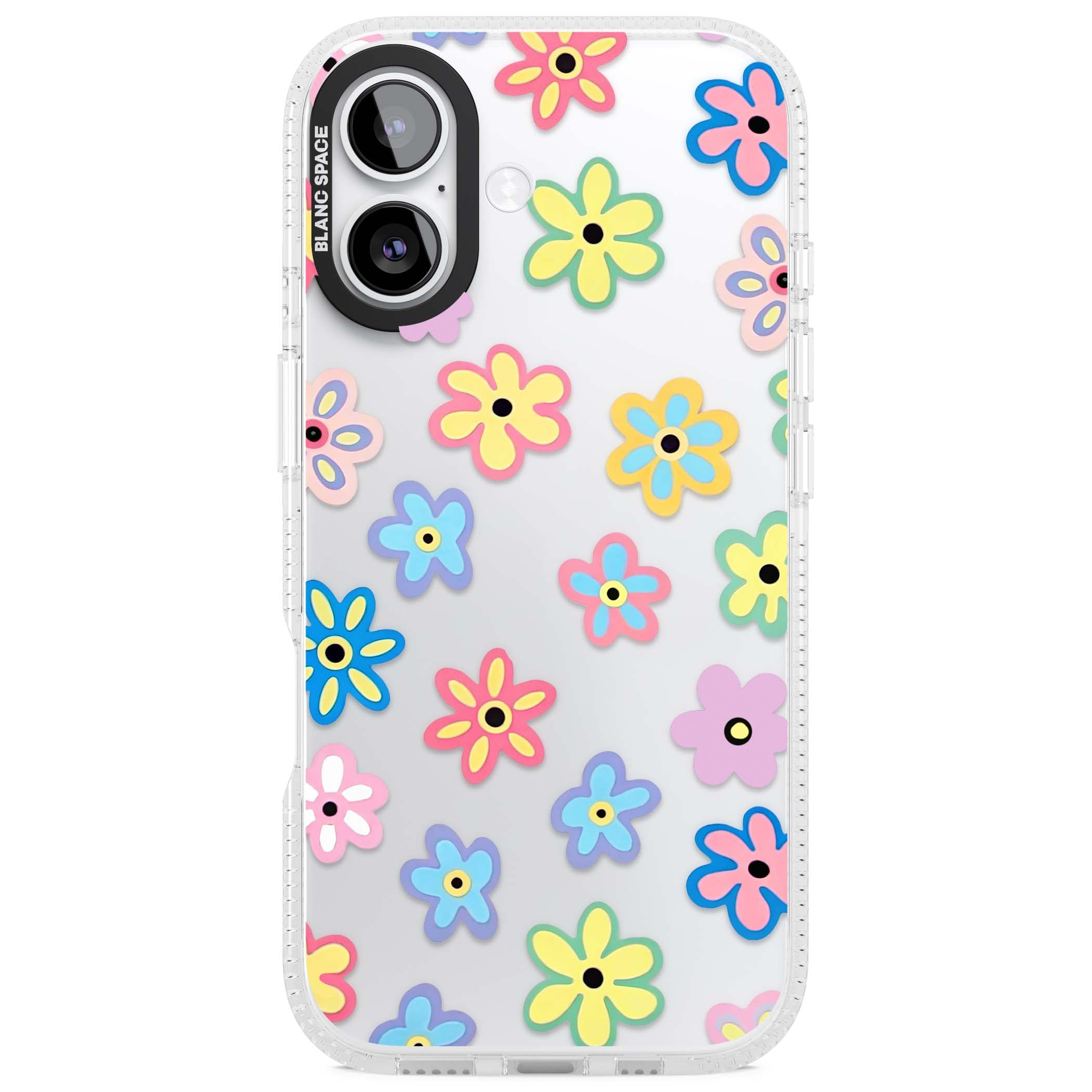 Bloom Pop cottagecore iPhone case featuring multicolor pastel flowers with black centers on clear background | Clear Case Impact Air case for iPhone 17