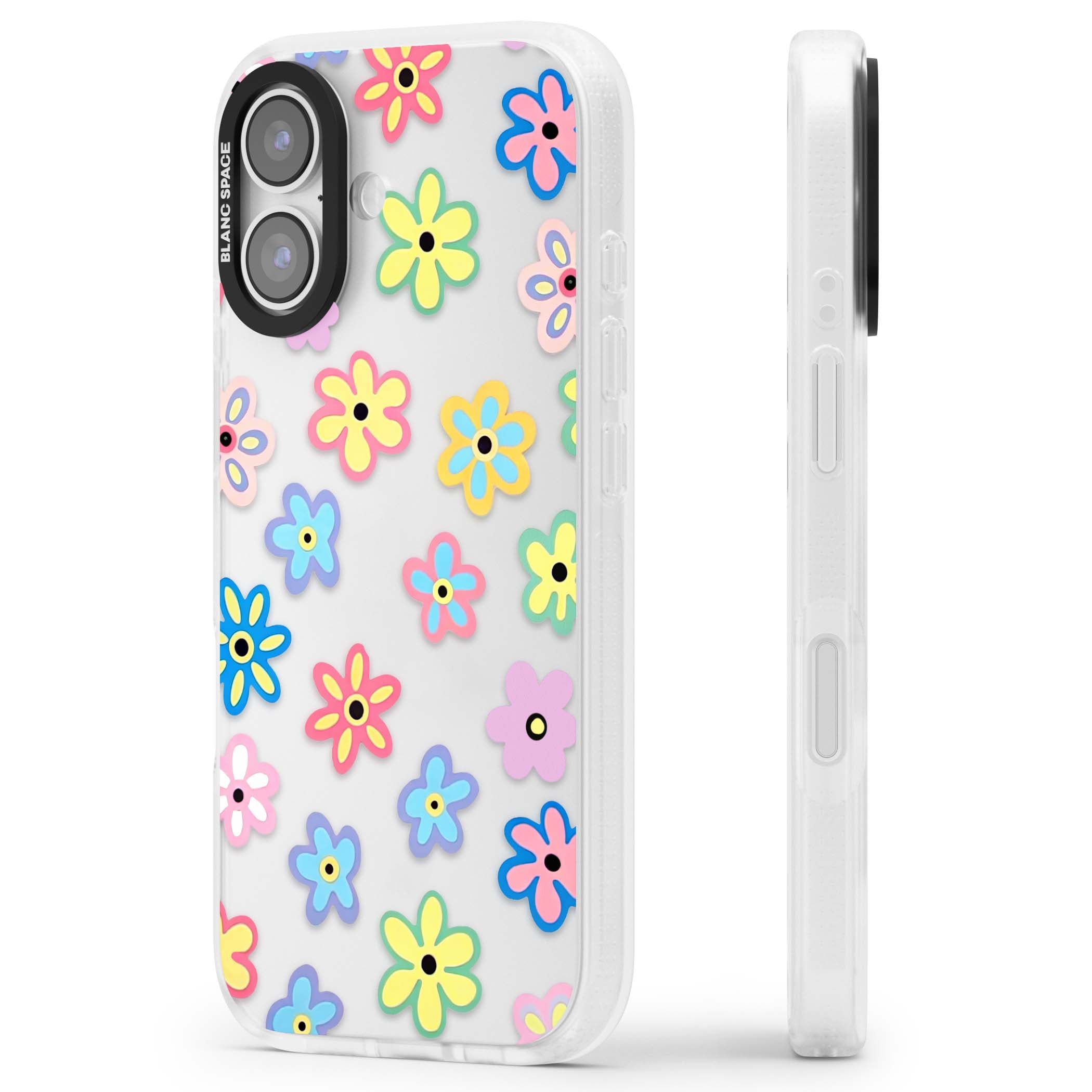 Bloom Pop cottagecore iPhone case featuring multicolor pastel flowers with black centers on clear background | Clear Case Impact Air case for iPhone 17
